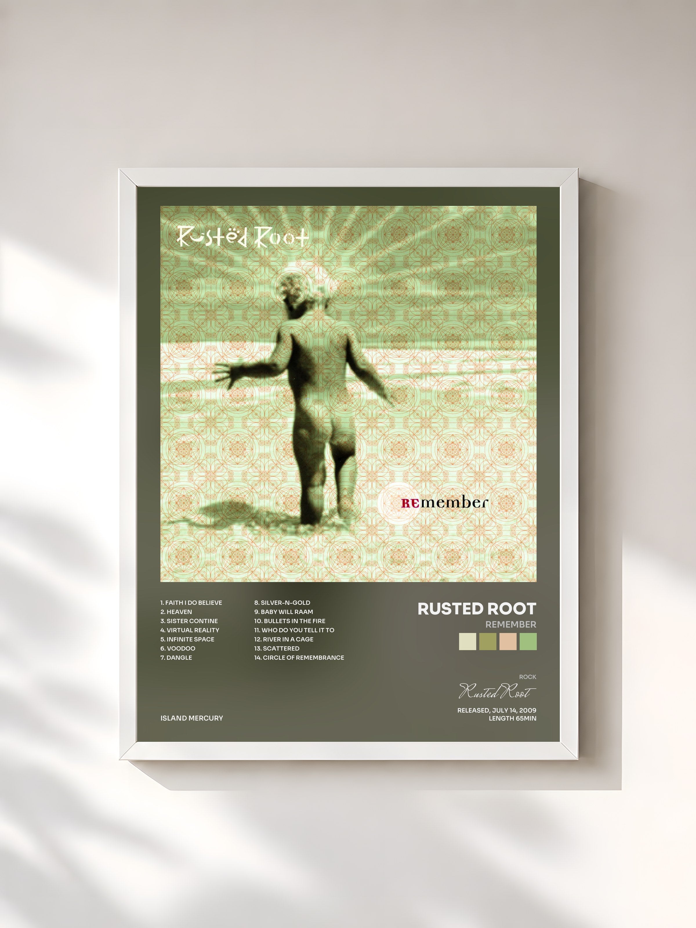 #blanc Tableau de l'album Remember de Rusted Root, cadre blanc, imprimé et encadré en France