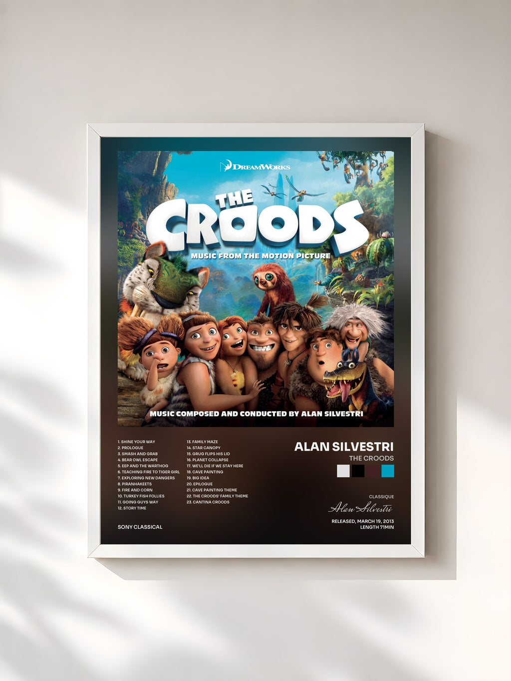 #blanc Tableau de l'album The Croods de Alan Silvestri, cadre blanc, imprimé et encadré en France