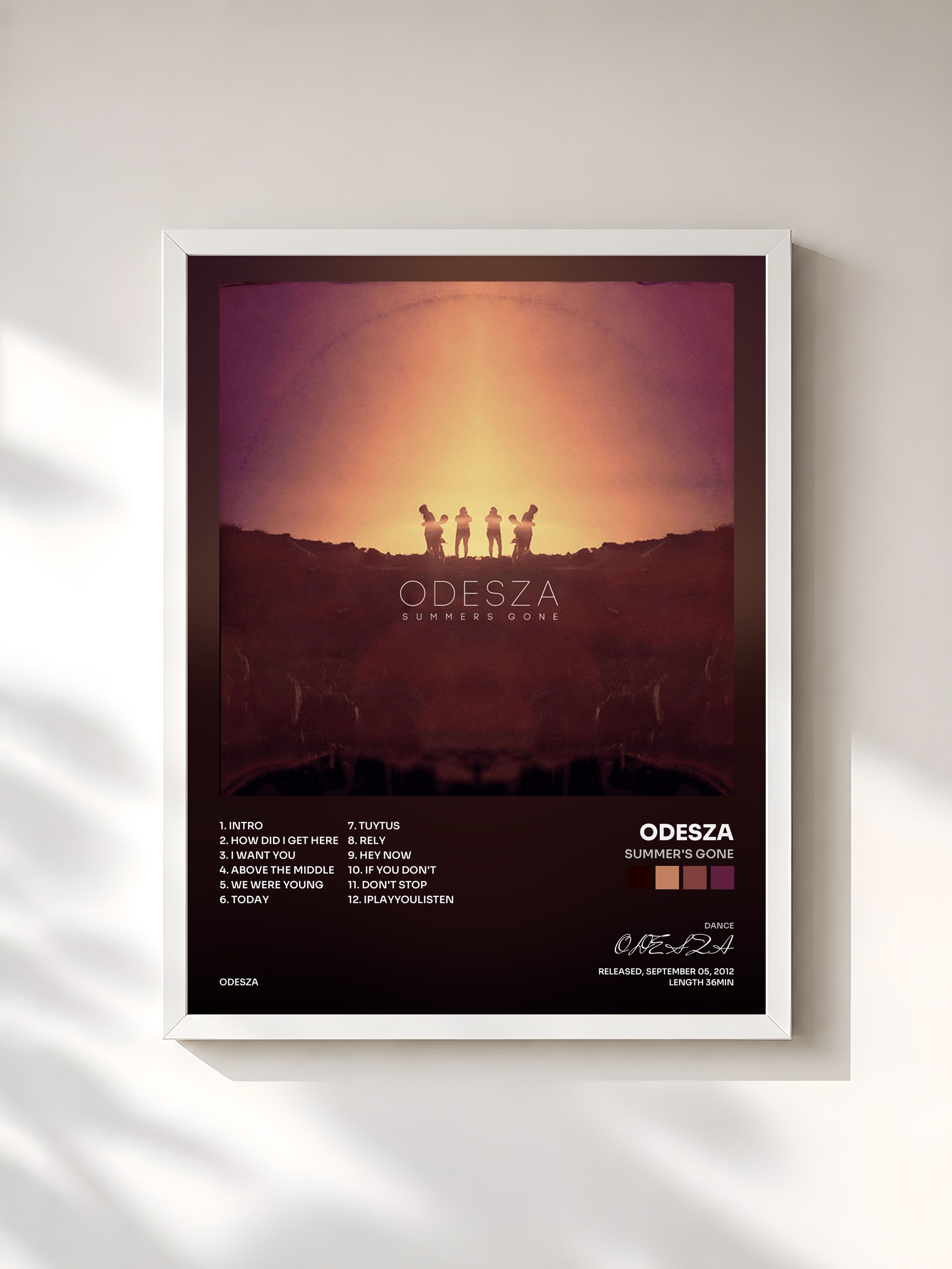 #blanc Tableau de l'album Summer's Gone de ODESZA, cadre blanc, imprimé et encadré en France