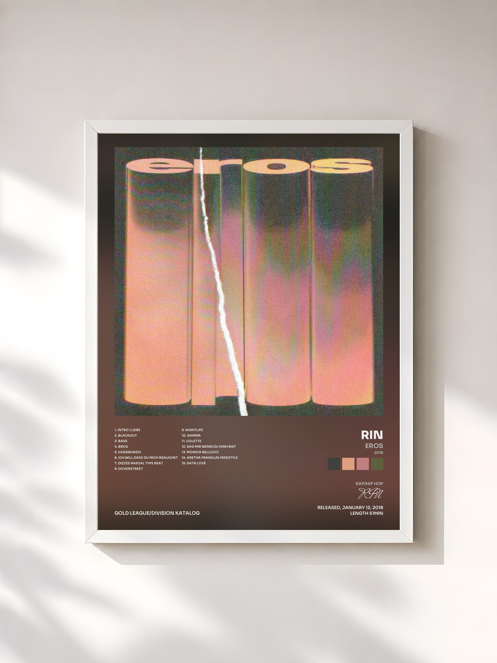 #blanc Tableau de l'album EROS (2018) de RIN, cadre blanc, imprimé et encadré en France