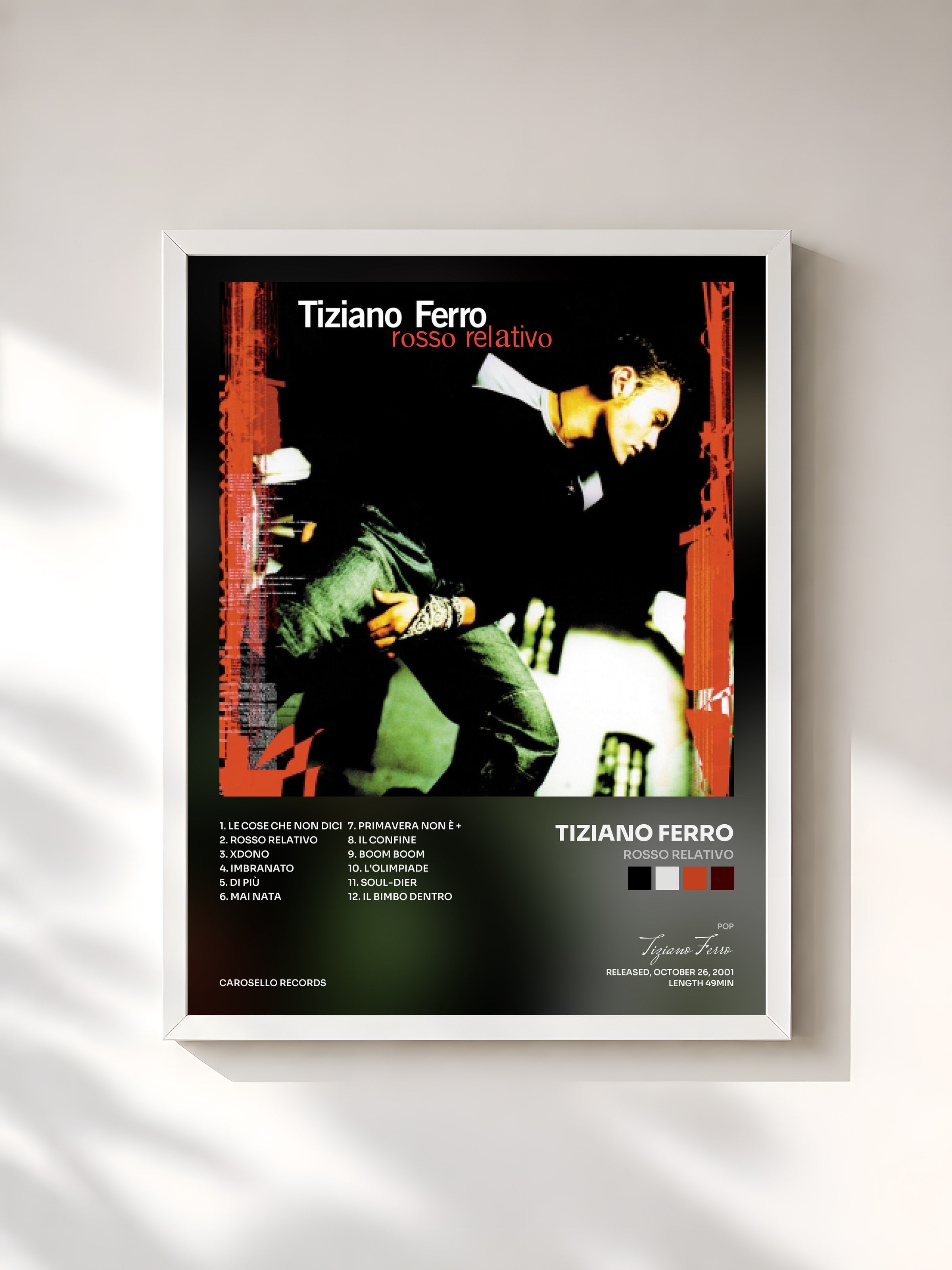 #blanc Tableau de l'album Rosso relativo de Tiziano Ferro, cadre blanc, imprimé et encadré en France