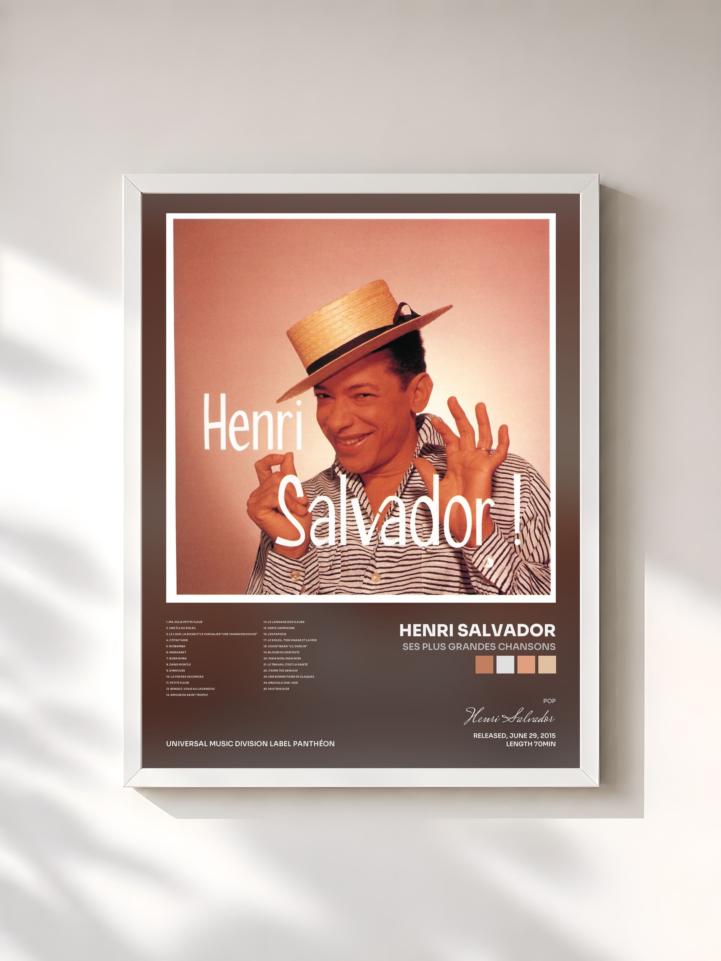 #blanc Tableau de l'album Ses plus grandes chansons de Henri Salvador, cadre blanc, imprimé et encadré en France