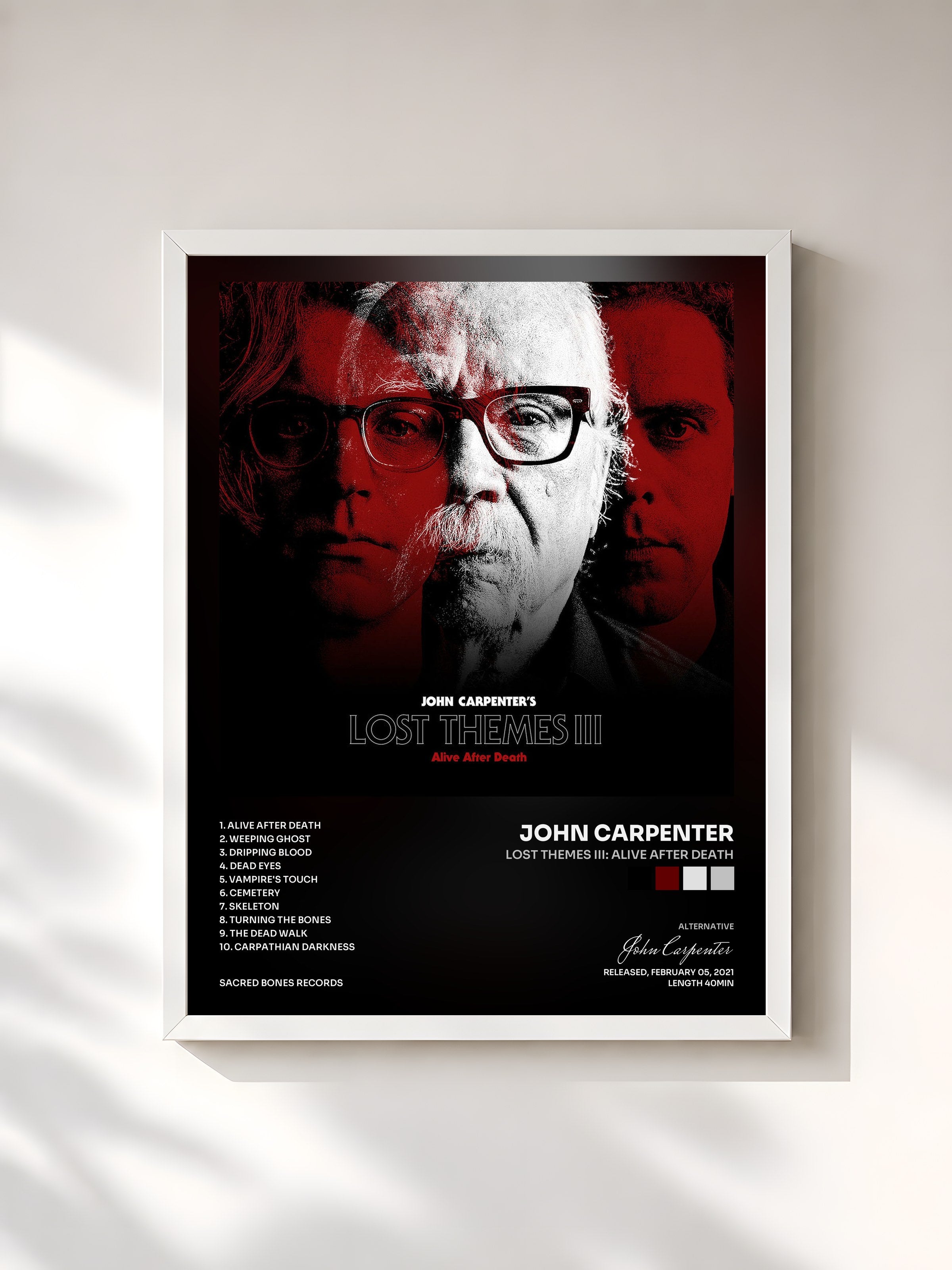 #blanc Tableau de l'album Lost Themes III: Alive After Death de John Carpenter, cadre blanc, imprimé et encadré en France