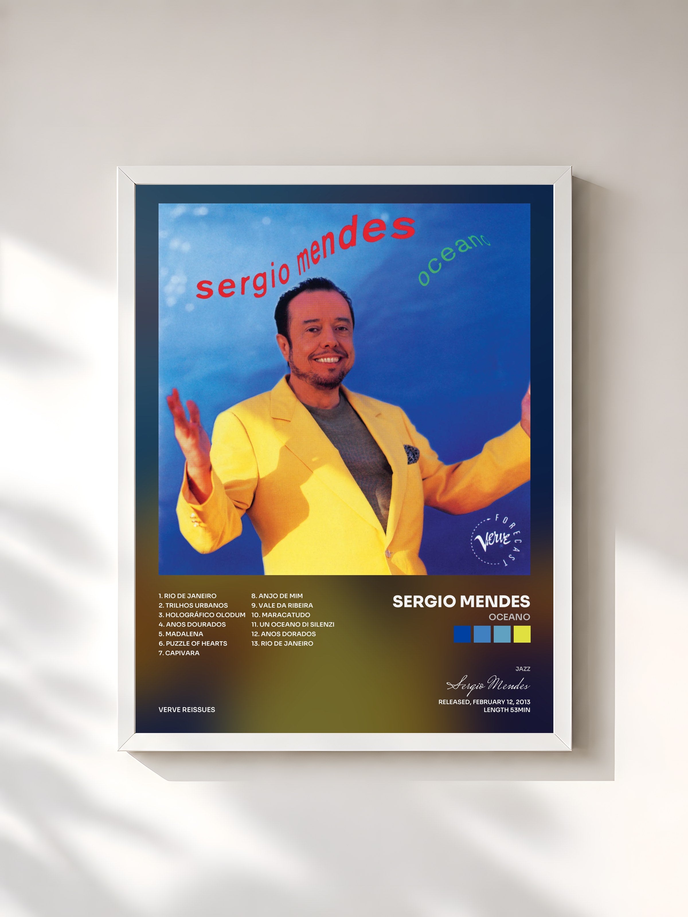 #blanc Tableau de l'album Oceano de Sergio Mendes, cadre blanc, imprimé et encadré en France