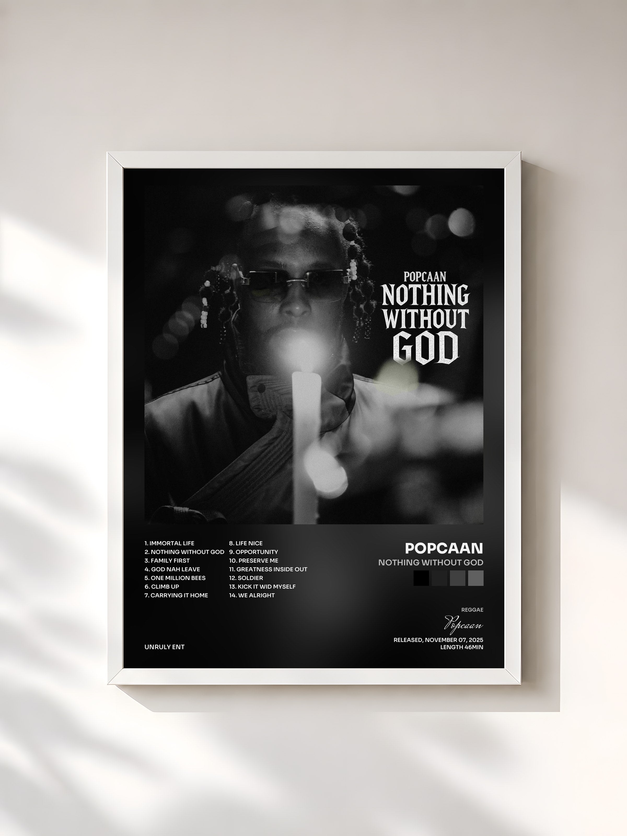 #blanc Tableau de l'album Nothing Without God de Popcaan, cadre blanc, imprimé et encadré en France