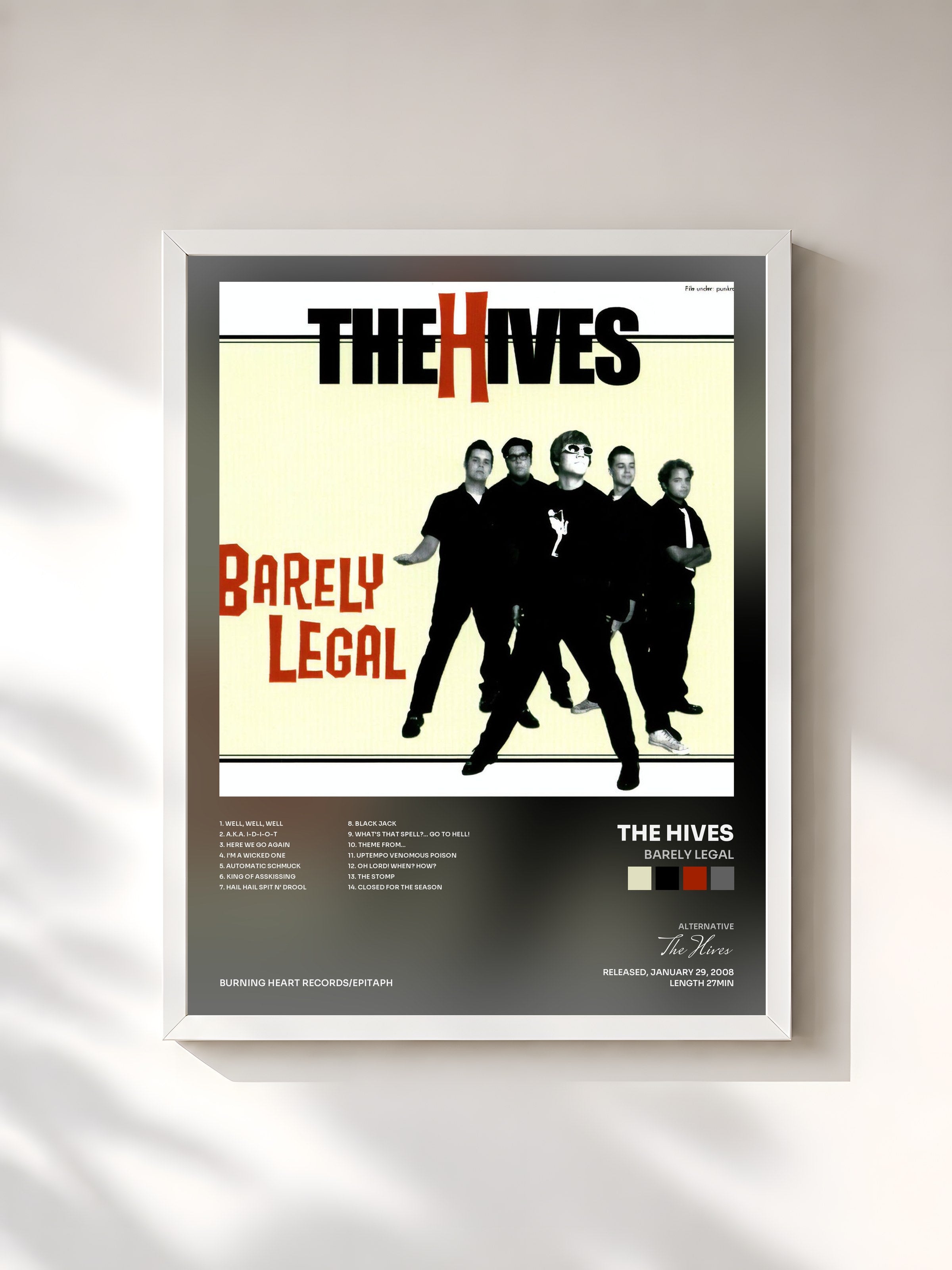 #blanc Tableau de l'album Barely Legal de The Hives, cadre blanc, imprimé et encadré en France