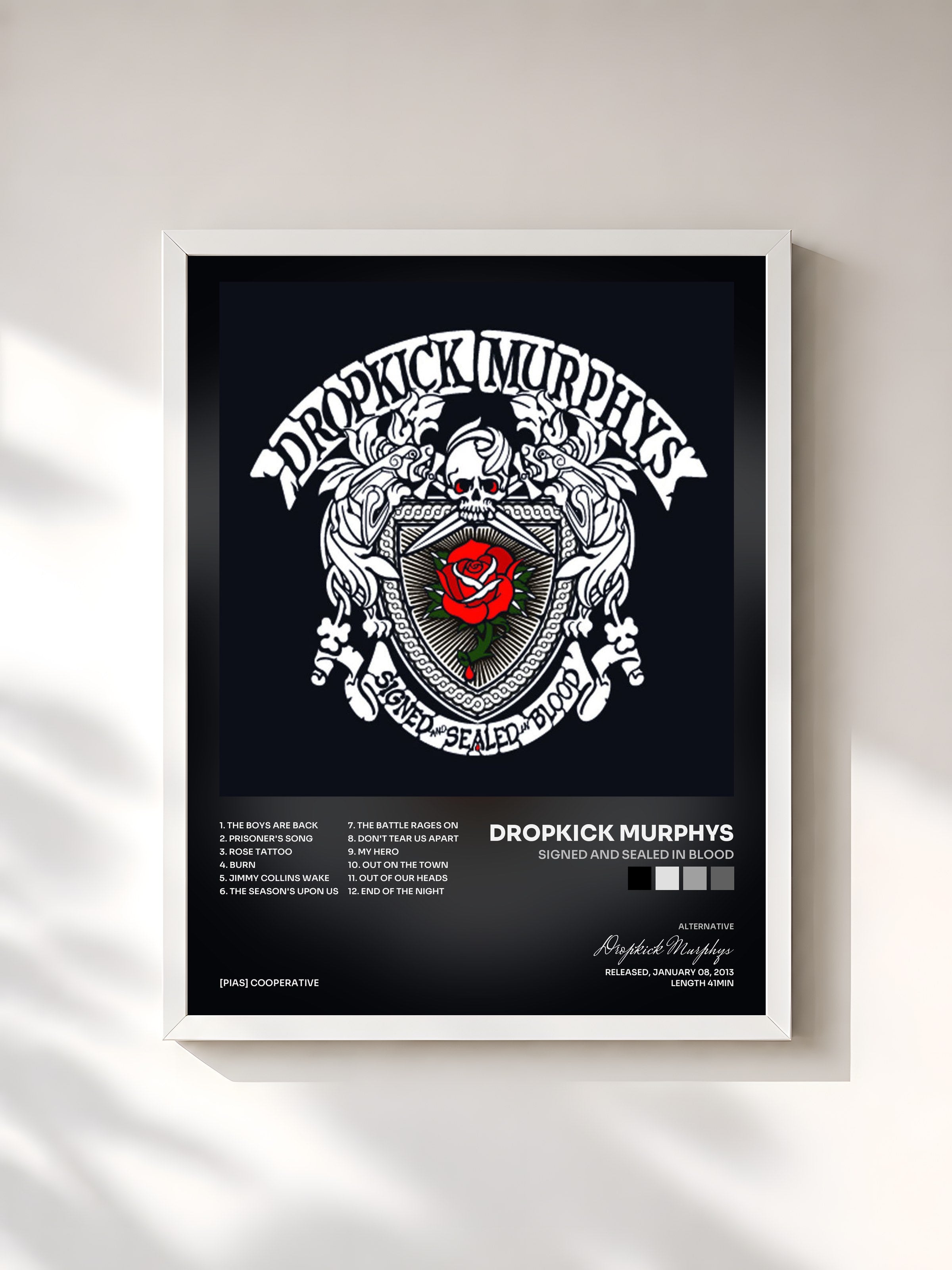 #blanc Tableau de l'album Signed and Sealed In Blood de Dropkick Murphys, cadre blanc, imprimé et encadré en France