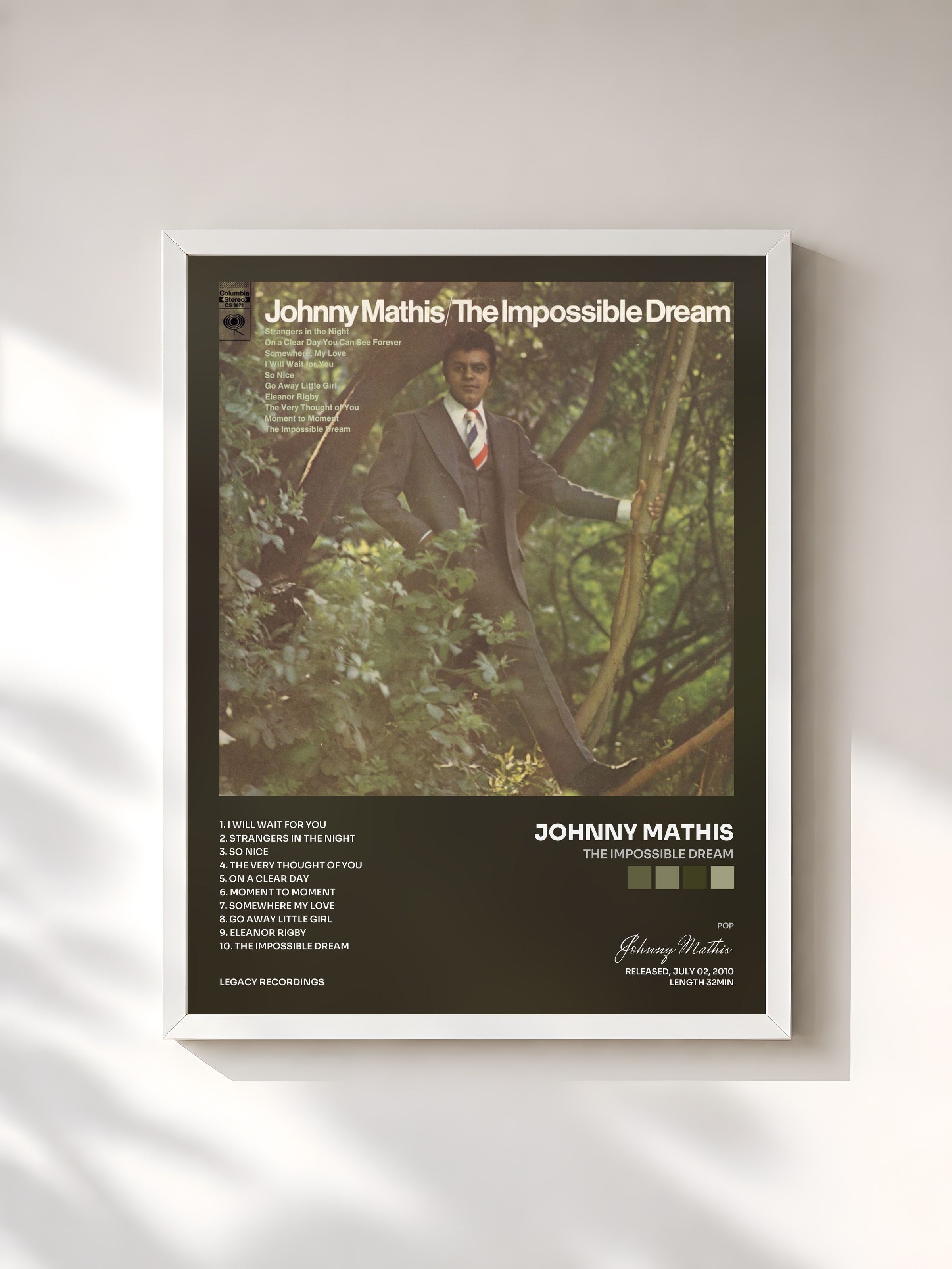 #blanc Tableau de l'album The Impossible Dream de Johnny Mathis, cadre blanc, imprimé et encadré en France