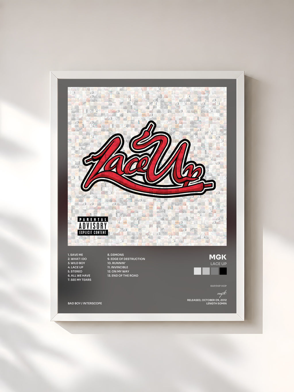 #blanc Tableau de l'album Lace Up de mgk, cadre blanc, imprimé et encadré en France