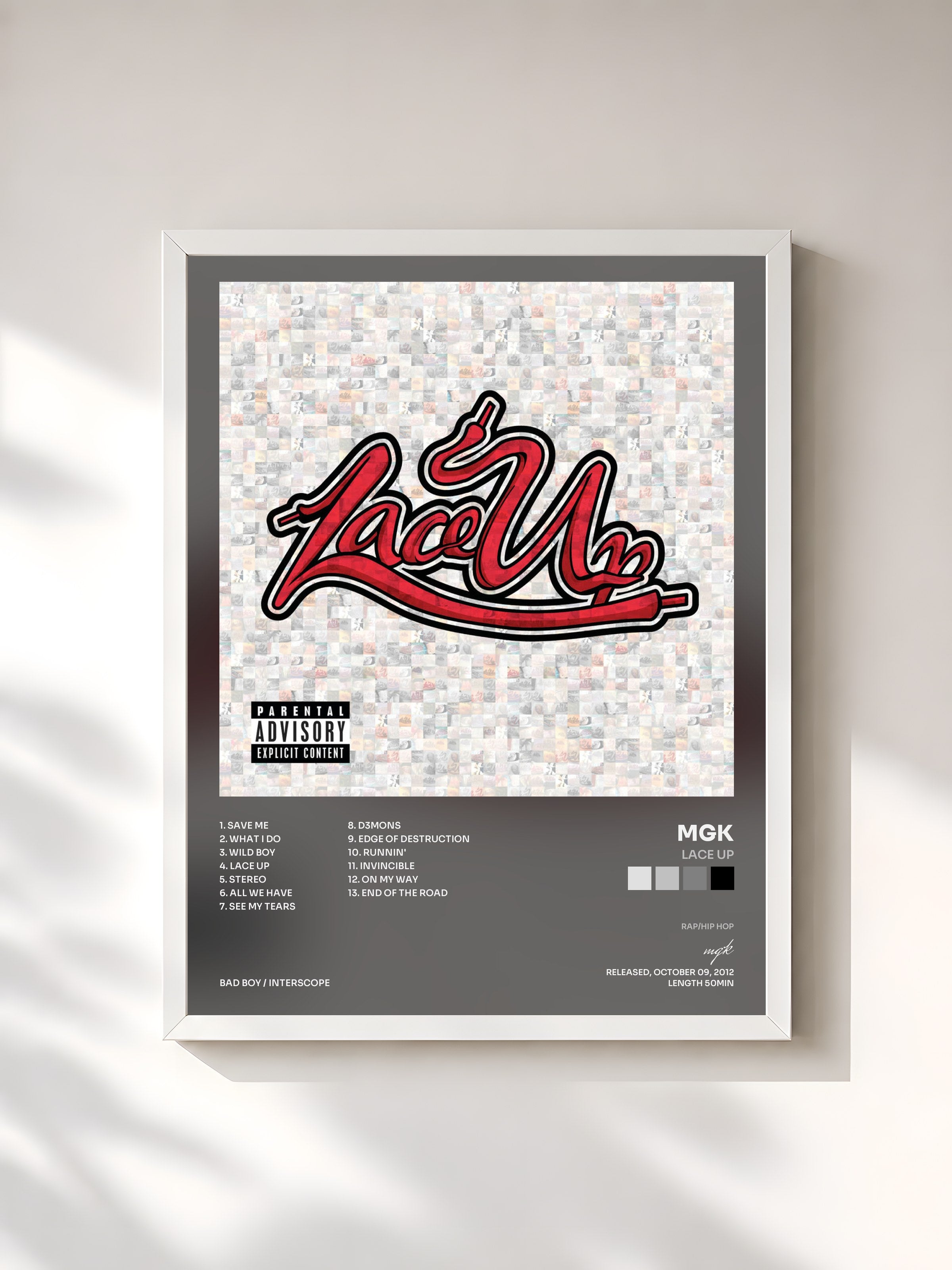 #blanc Tableau de l'album Lace Up de mgk, cadre blanc, imprimé et encadré en France
