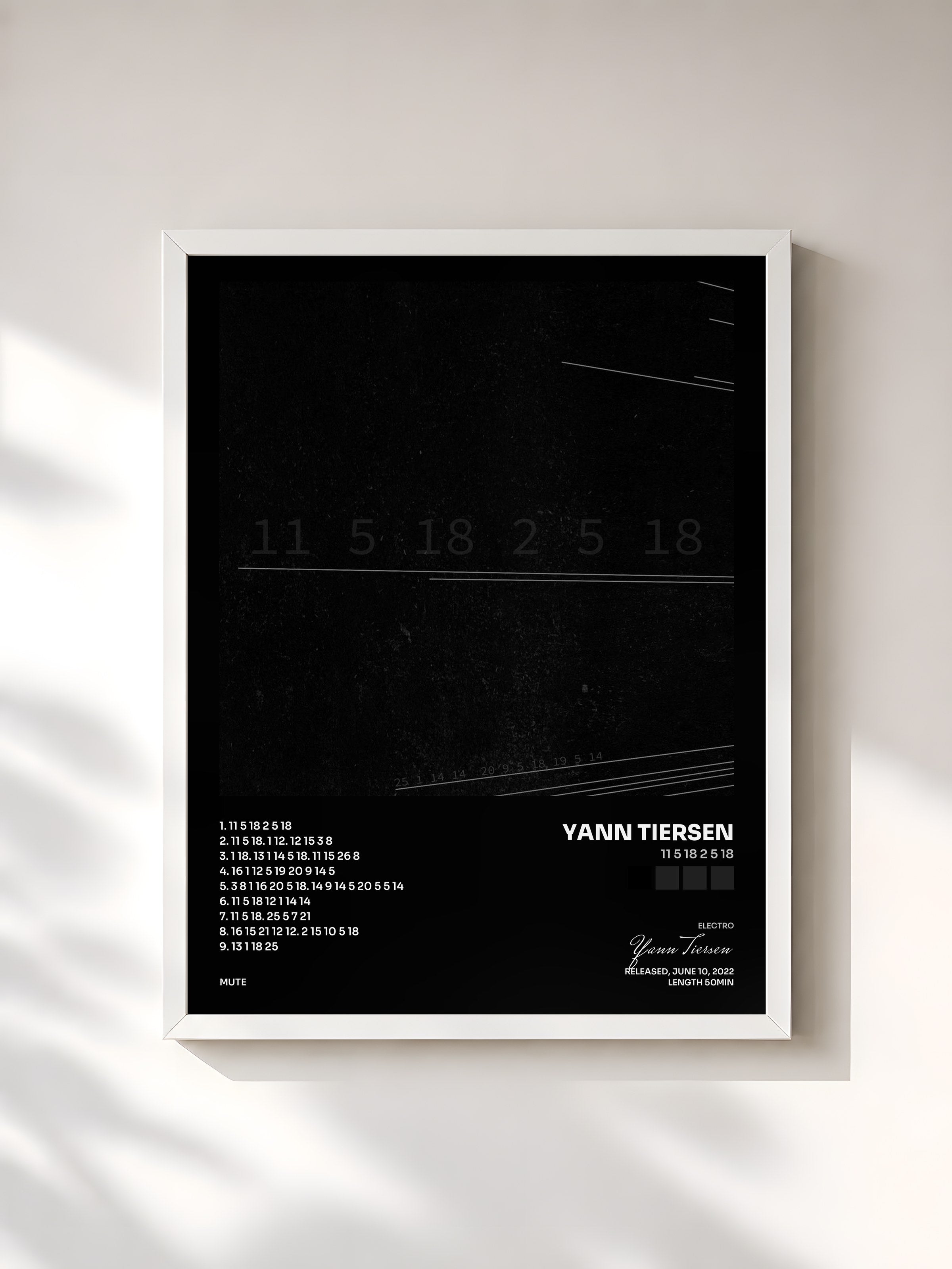 #blanc Tableau de l'album 11 5 18 2 5 18 de Yann Tiersen, cadre blanc, imprimé et encadré en France