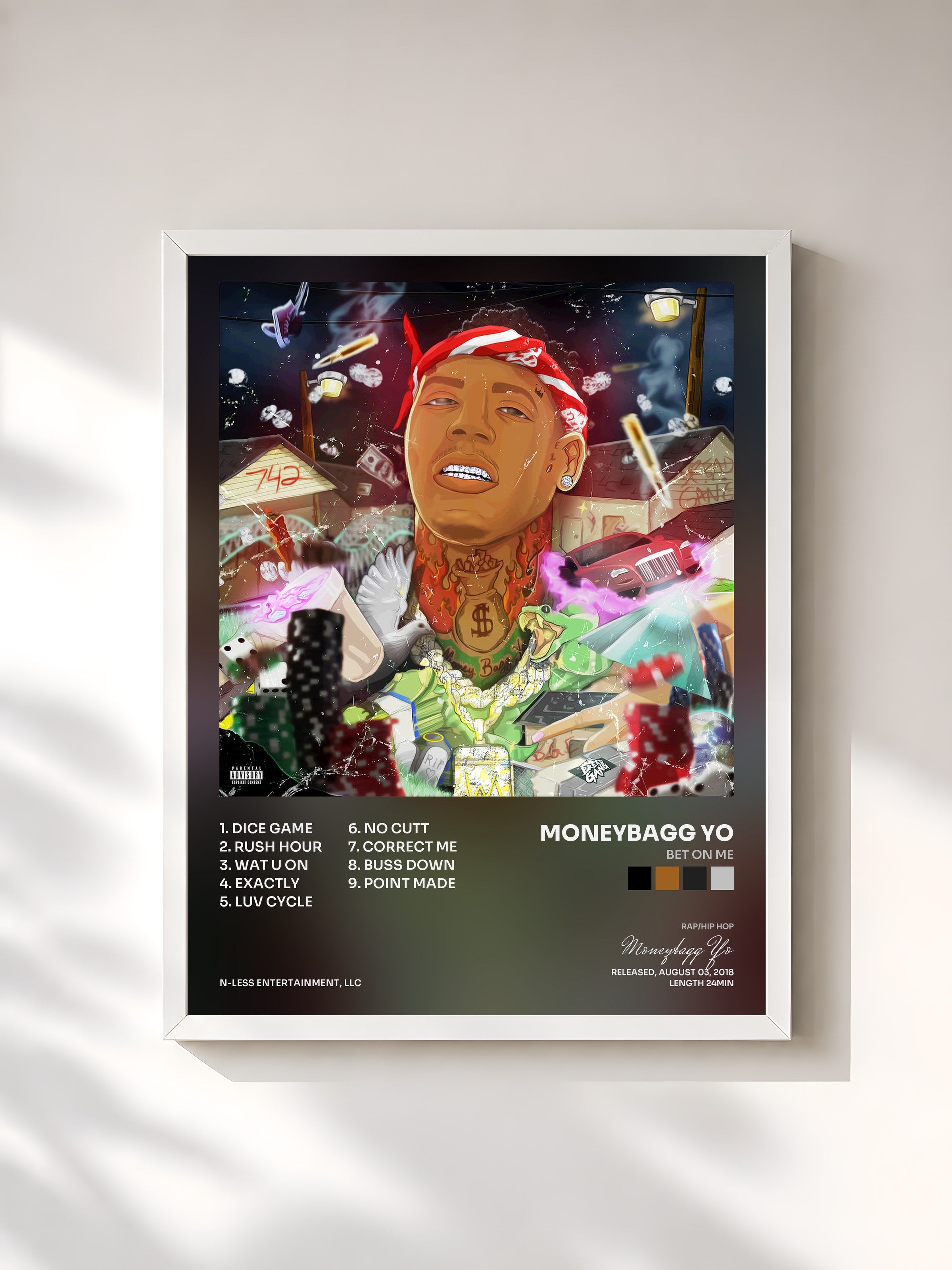 #blanc Tableau de l'album Bet On Me de Moneybagg Yo, cadre blanc, imprimé et encadré en France