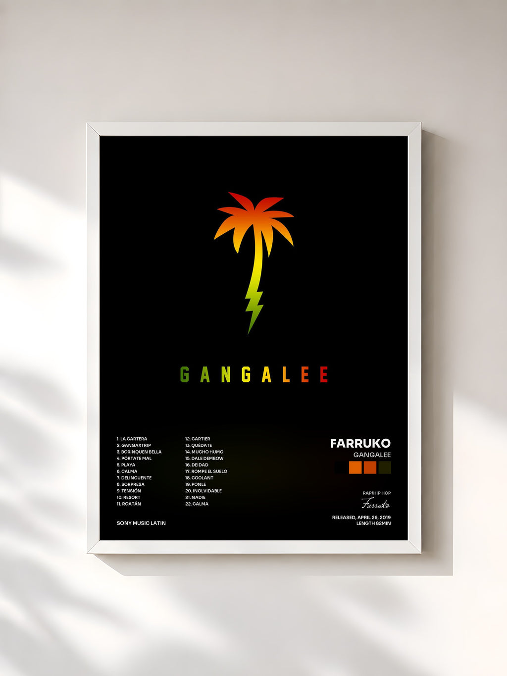 #blanc Tableau de l'album Gangalee de Farruko, cadre blanc, imprimé et encadré en France