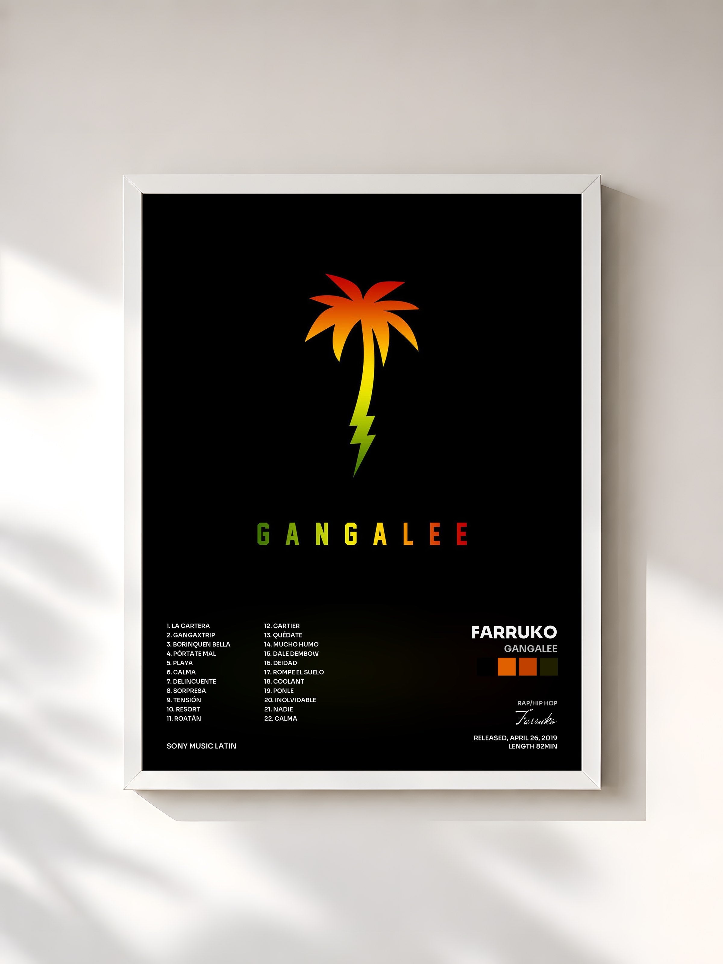 #blanc Tableau de l'album Gangalee de Farruko, cadre blanc, imprimé et encadré en France