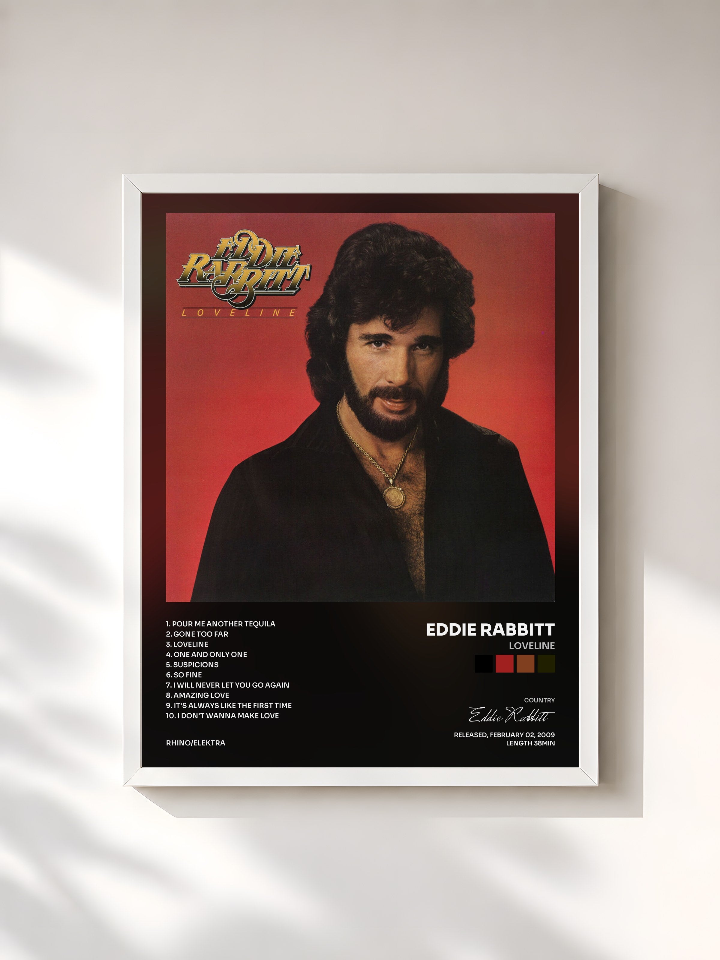 #blanc Tableau de l'album Loveline de Eddie Rabbitt, cadre blanc, imprimé et encadré en France