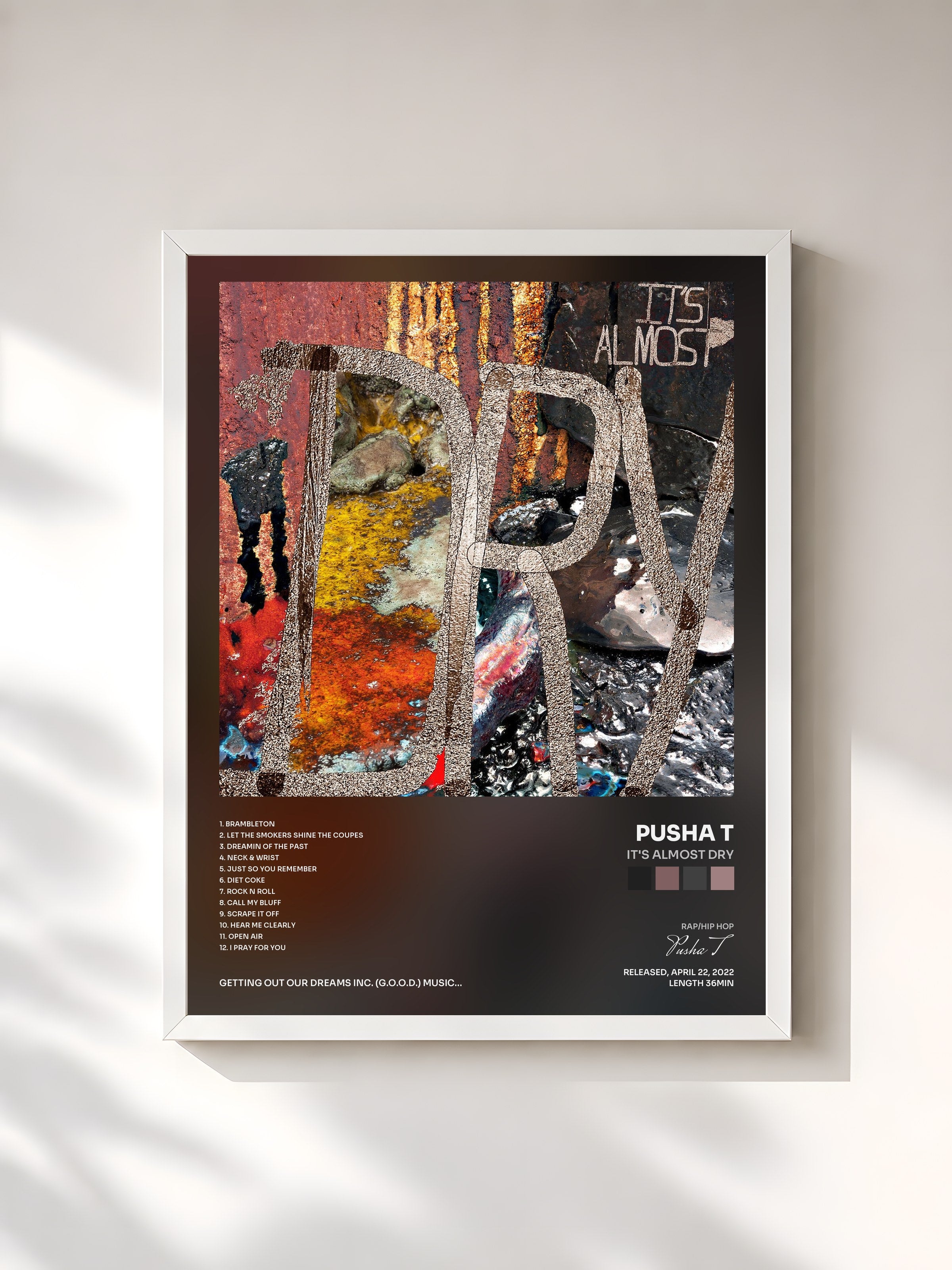 #blanc Tableau de l'album It's Almost Dry de Pusha T, cadre blanc, imprimé et encadré en France