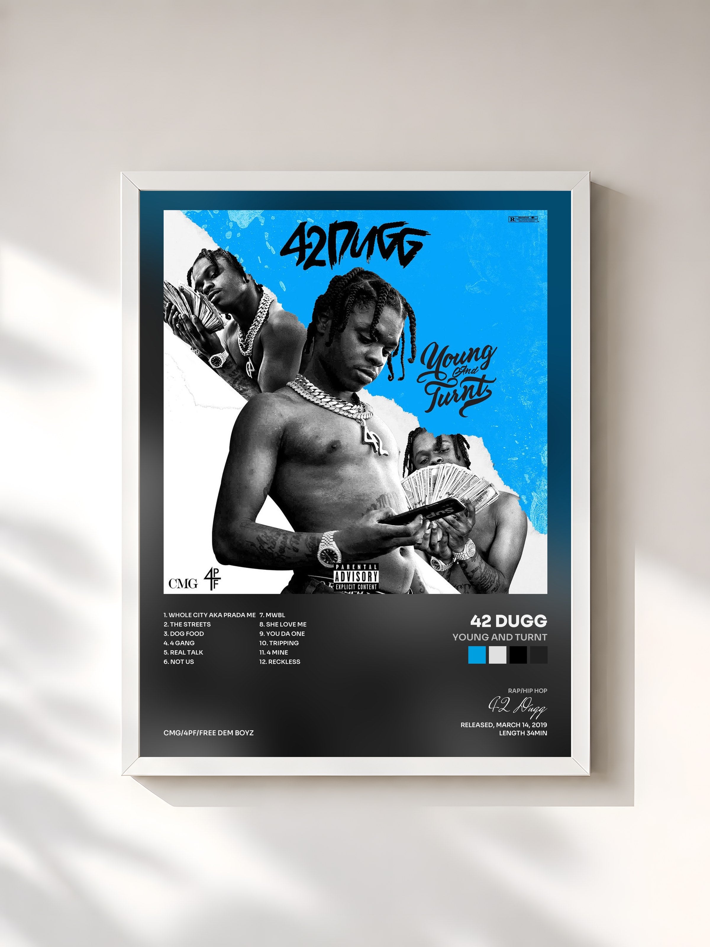 #blanc Tableau de l'album Young and Turnt de 42 Dugg, cadre blanc, imprimé et encadré en France