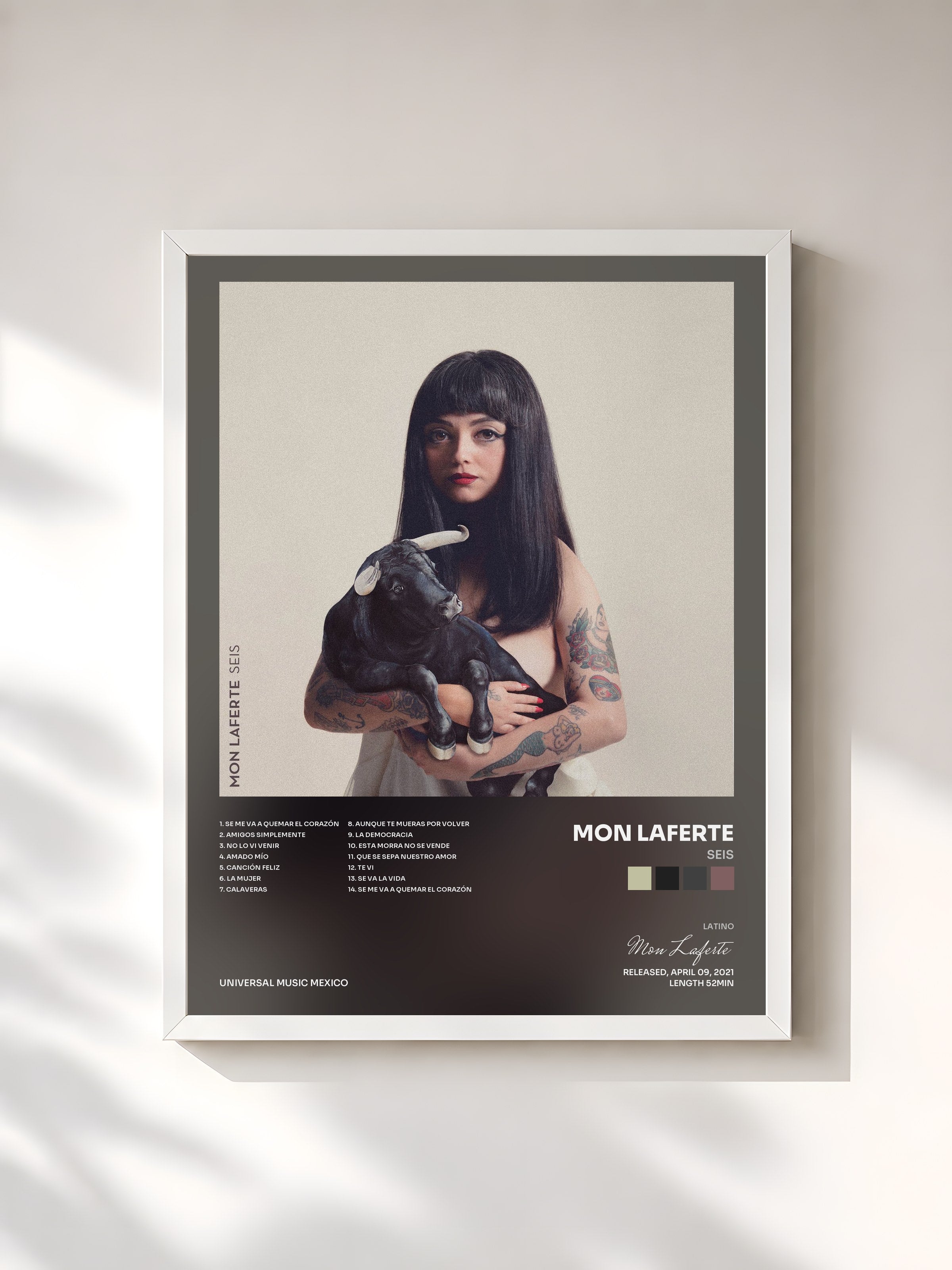 #blanc Tableau de l'album SEIS de Mon Laferte, cadre blanc, imprimé et encadré en France