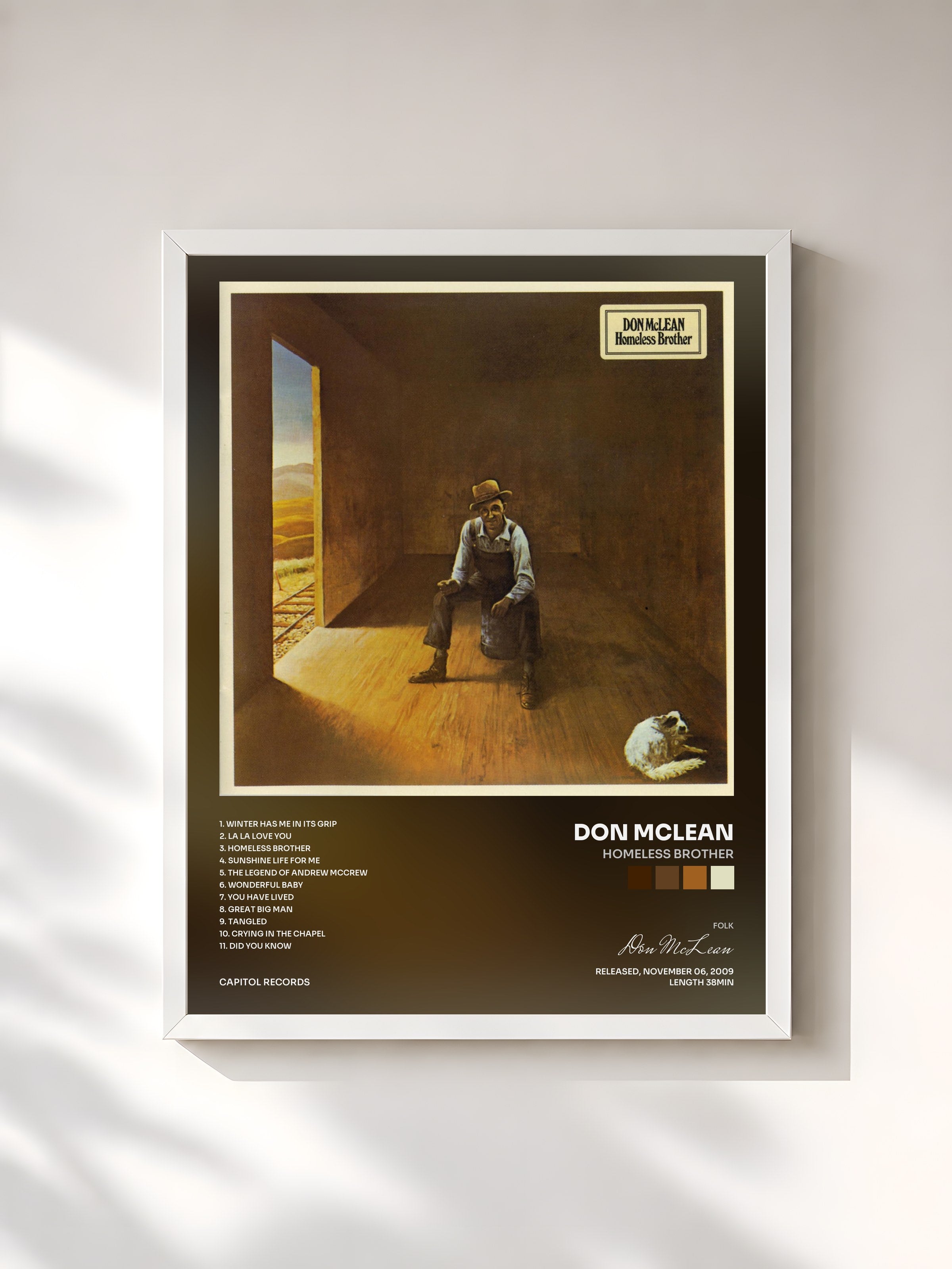 #blanc Tableau de l'album Homeless Brother de Don McLean, cadre blanc, imprimé et encadré en France
