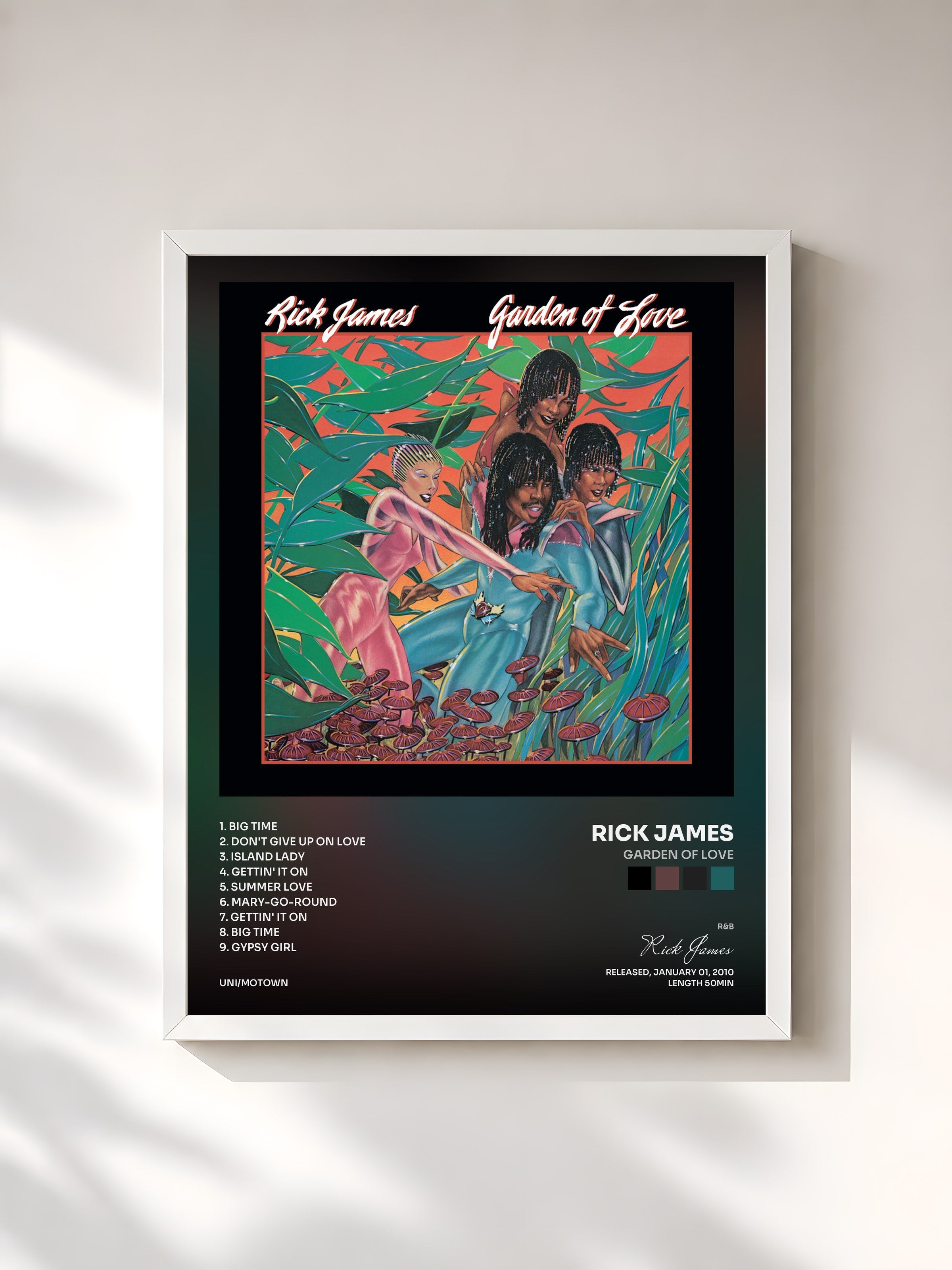 #blanc Tableau de l'album Garden Of Love de Rick James, cadre blanc, imprimé et encadré en France