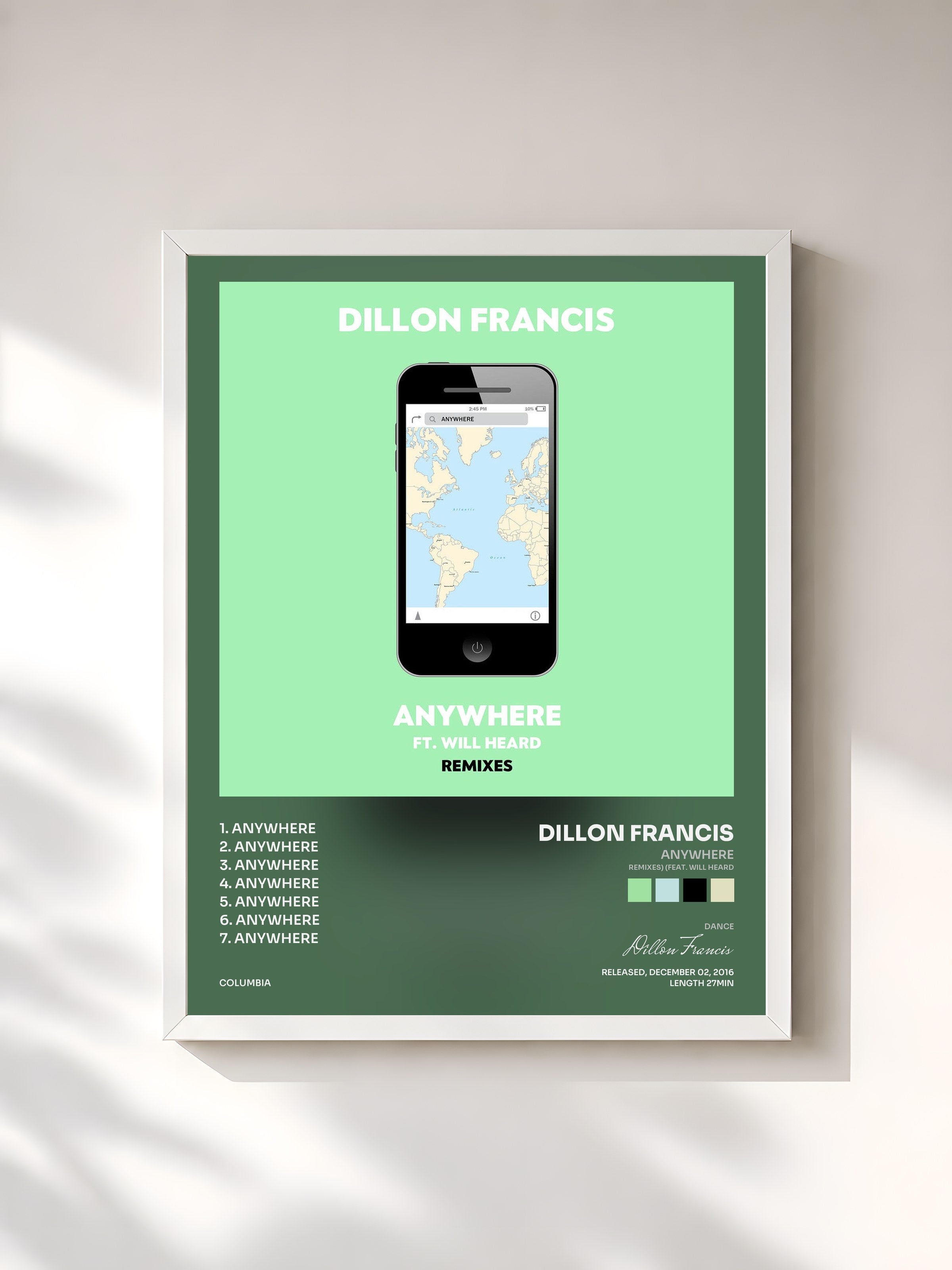 #blanc Tableau de l'album Anywhere (Remixes) (feat. Will Heard) de Dillon Francis, cadre blanc, imprimé et encadré en France