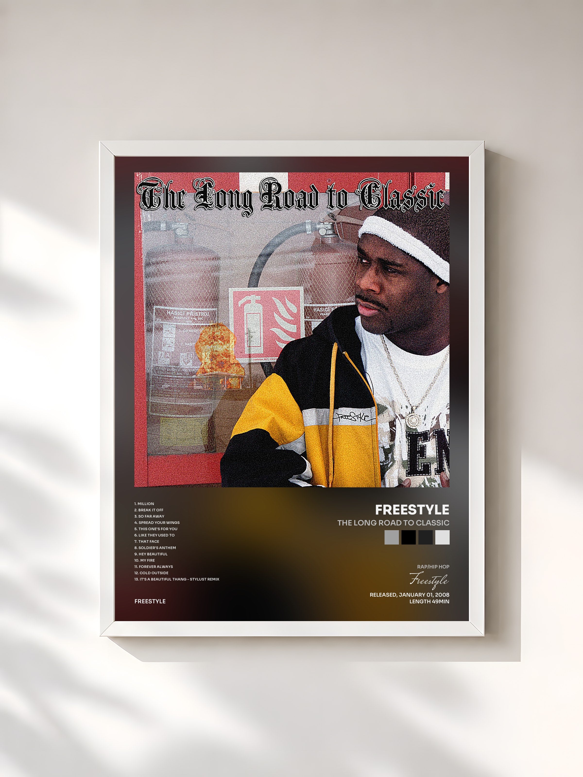 #blanc Tableau de l'album The Long Road to Classic de Freestyle, cadre blanc, imprimé et encadré en France