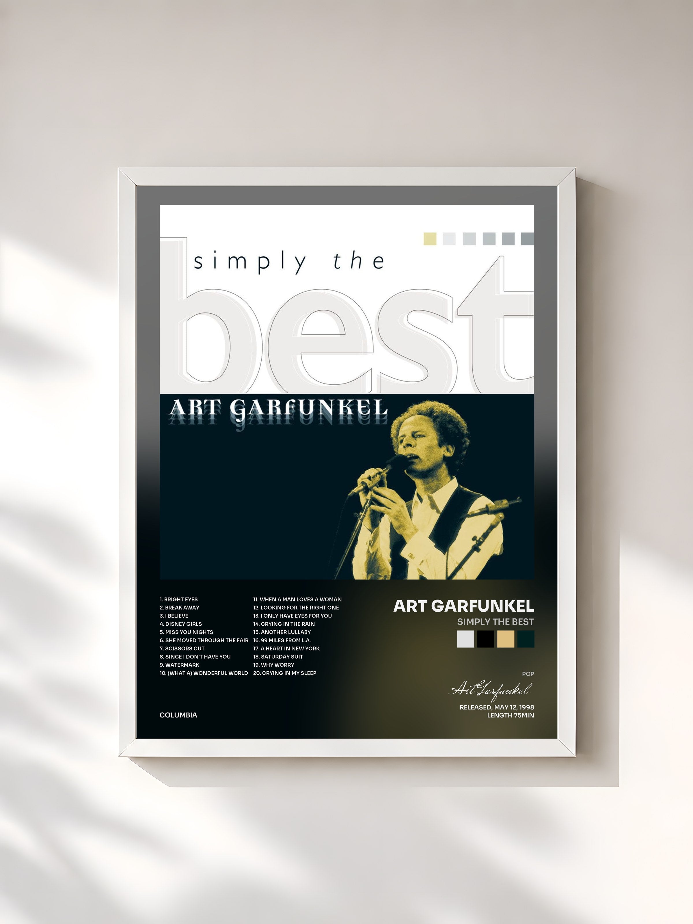 #blanc Tableau de l'album Simply The Best de Art Garfunkel, cadre blanc, imprimé et encadré en France
