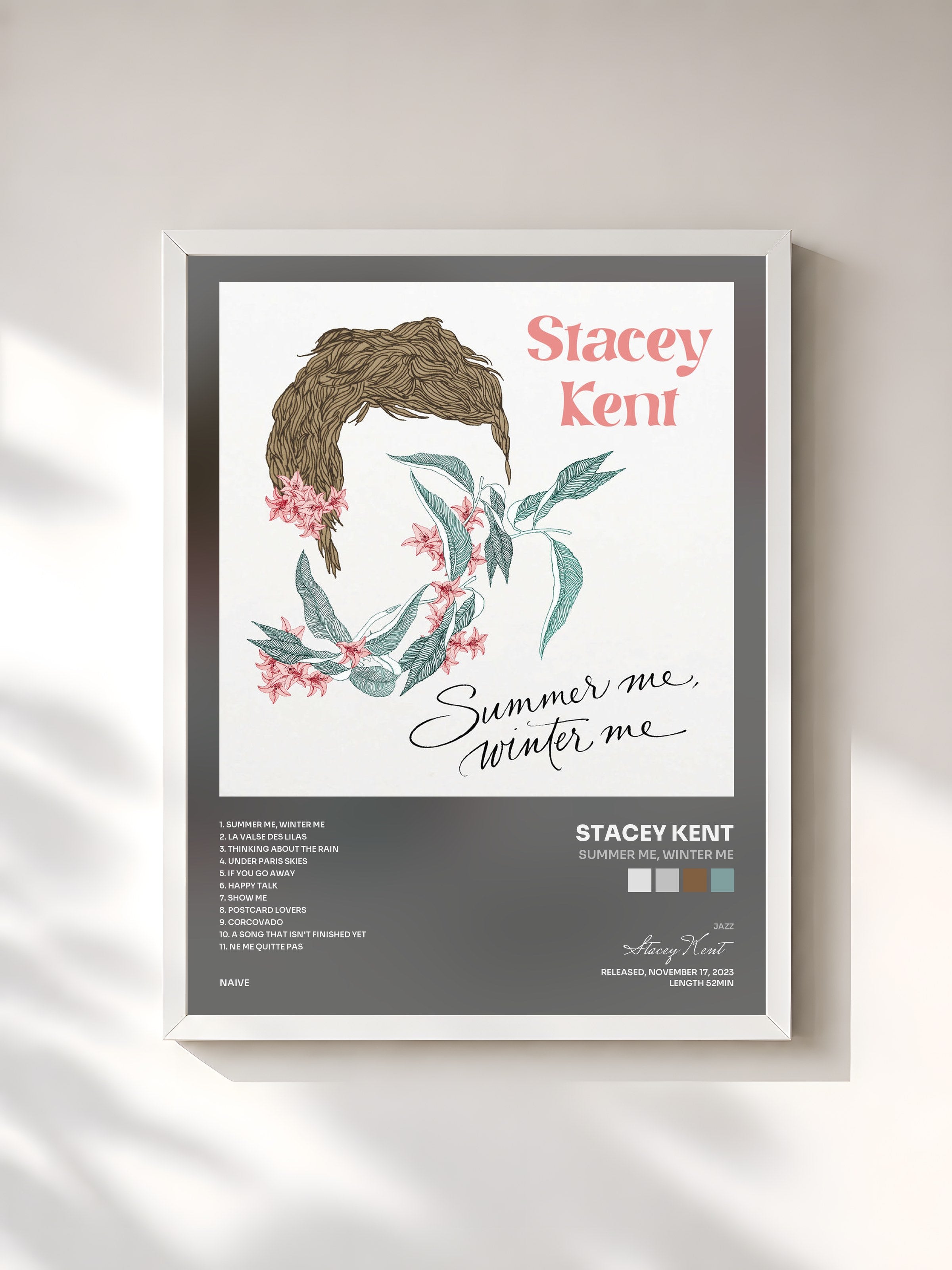 #blanc Tableau de l'album Summer Me, Winter Me de Stacey Kent, cadre blanc, imprimé et encadré en France