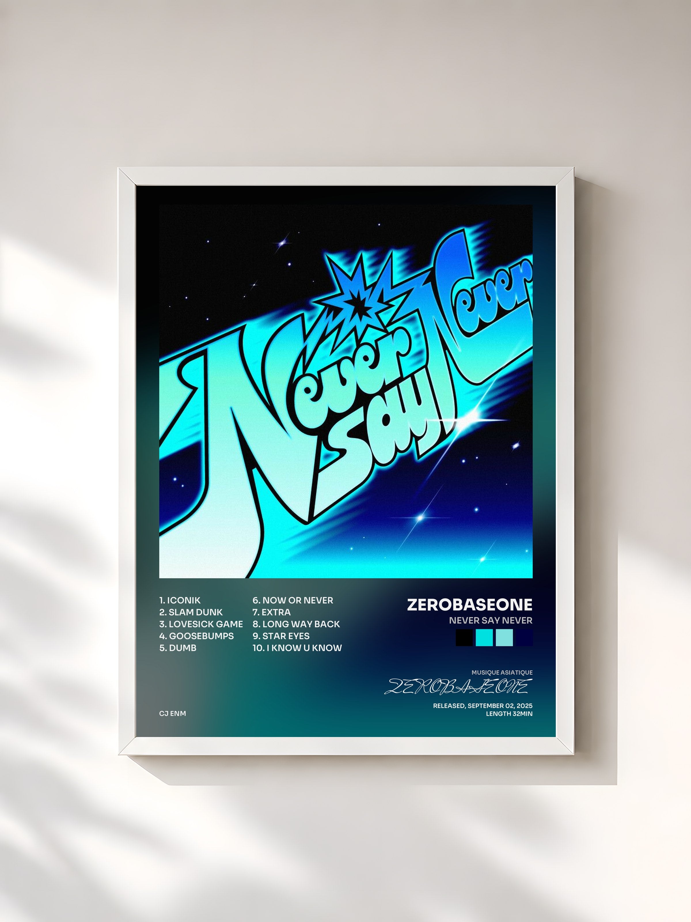 #blanc Tableau de l'album NEVER SAY NEVER de ZEROBASEONE, cadre blanc, imprimé et encadré en France