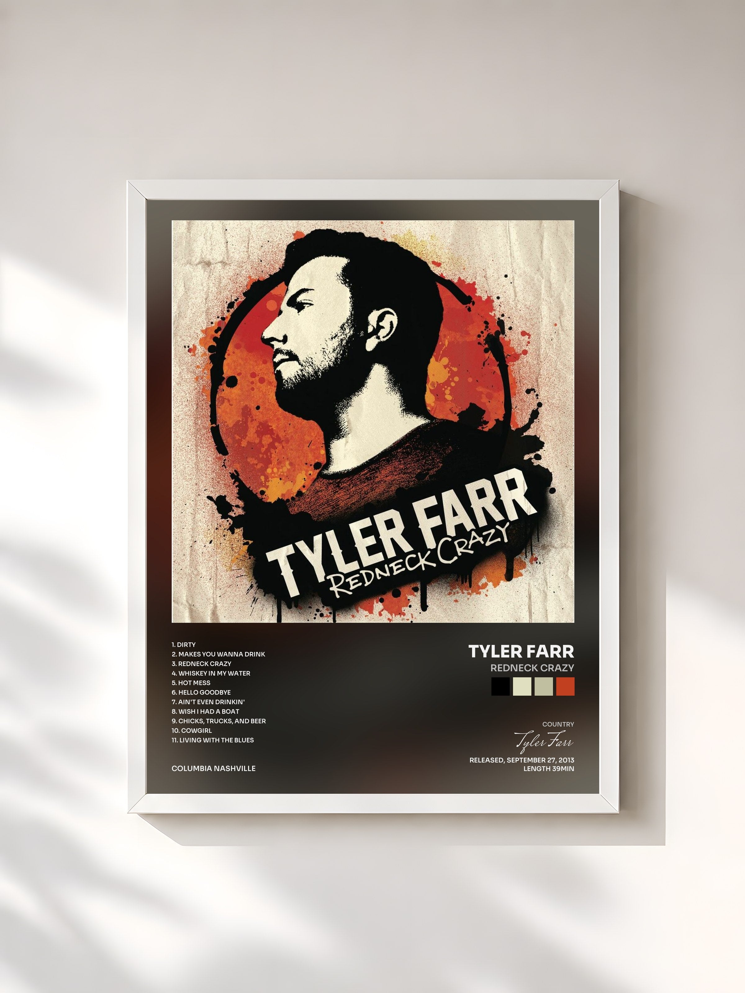 #blanc Tableau de l'album Redneck Crazy de Tyler Farr, cadre blanc, imprimé et encadré en France
