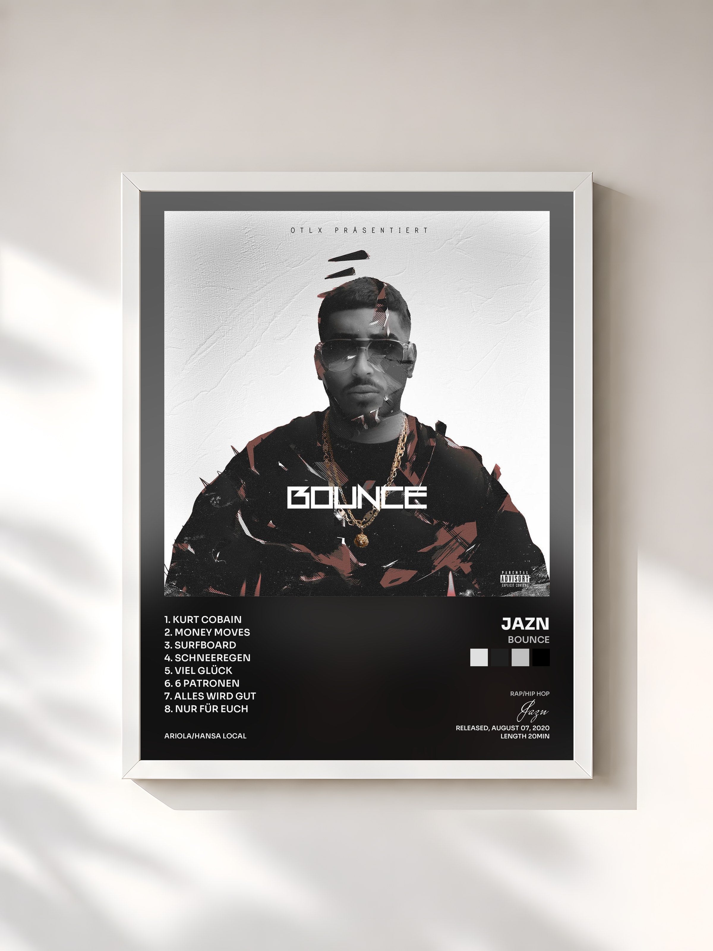 #blanc Tableau de l'album Bounce de Jazn, cadre blanc, imprimé et encadré en France