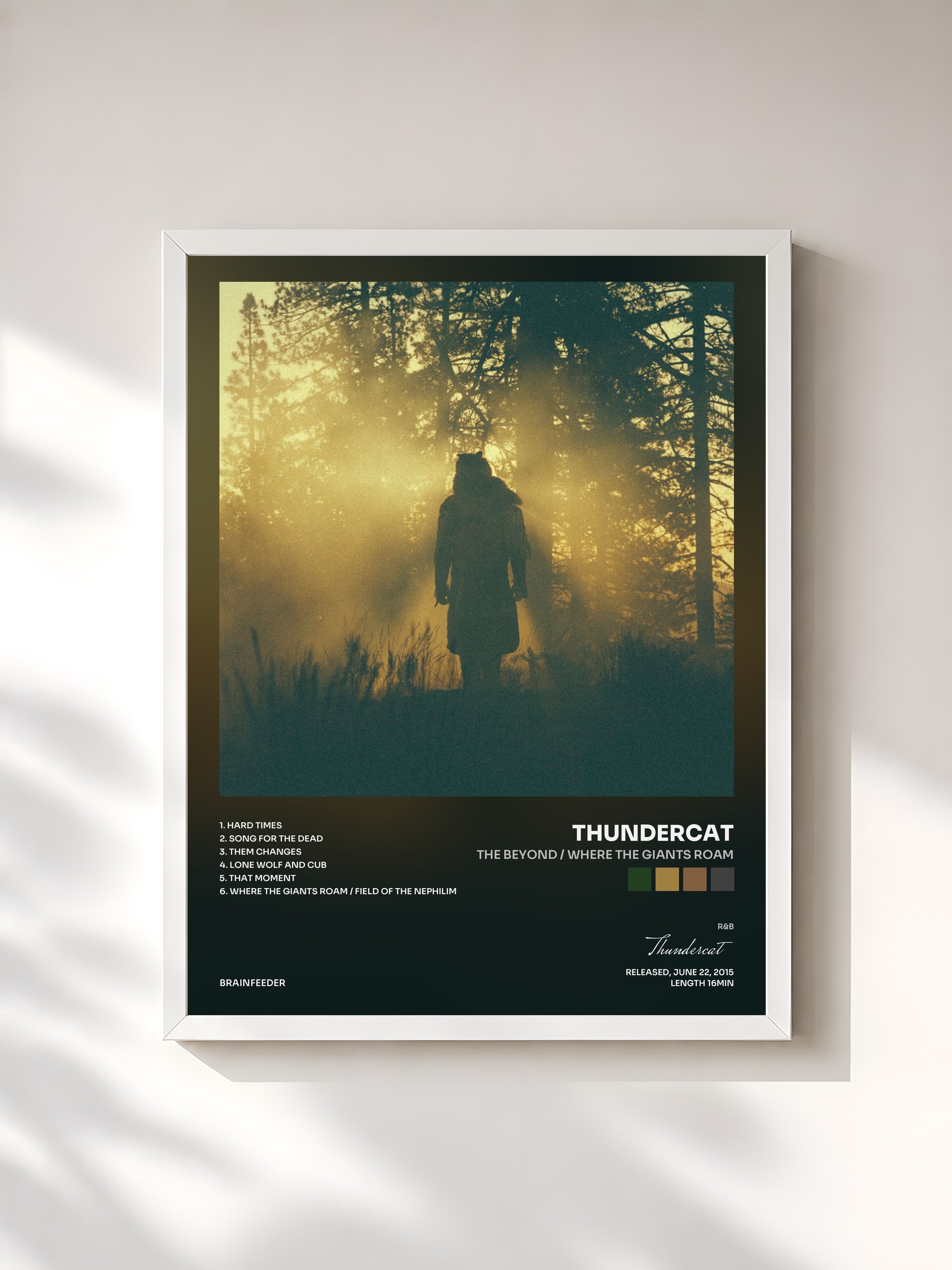 #blanc Tableau de l'album The Beyond / Where the Giants Roam de Thundercat, cadre blanc, imprimé et encadré en France