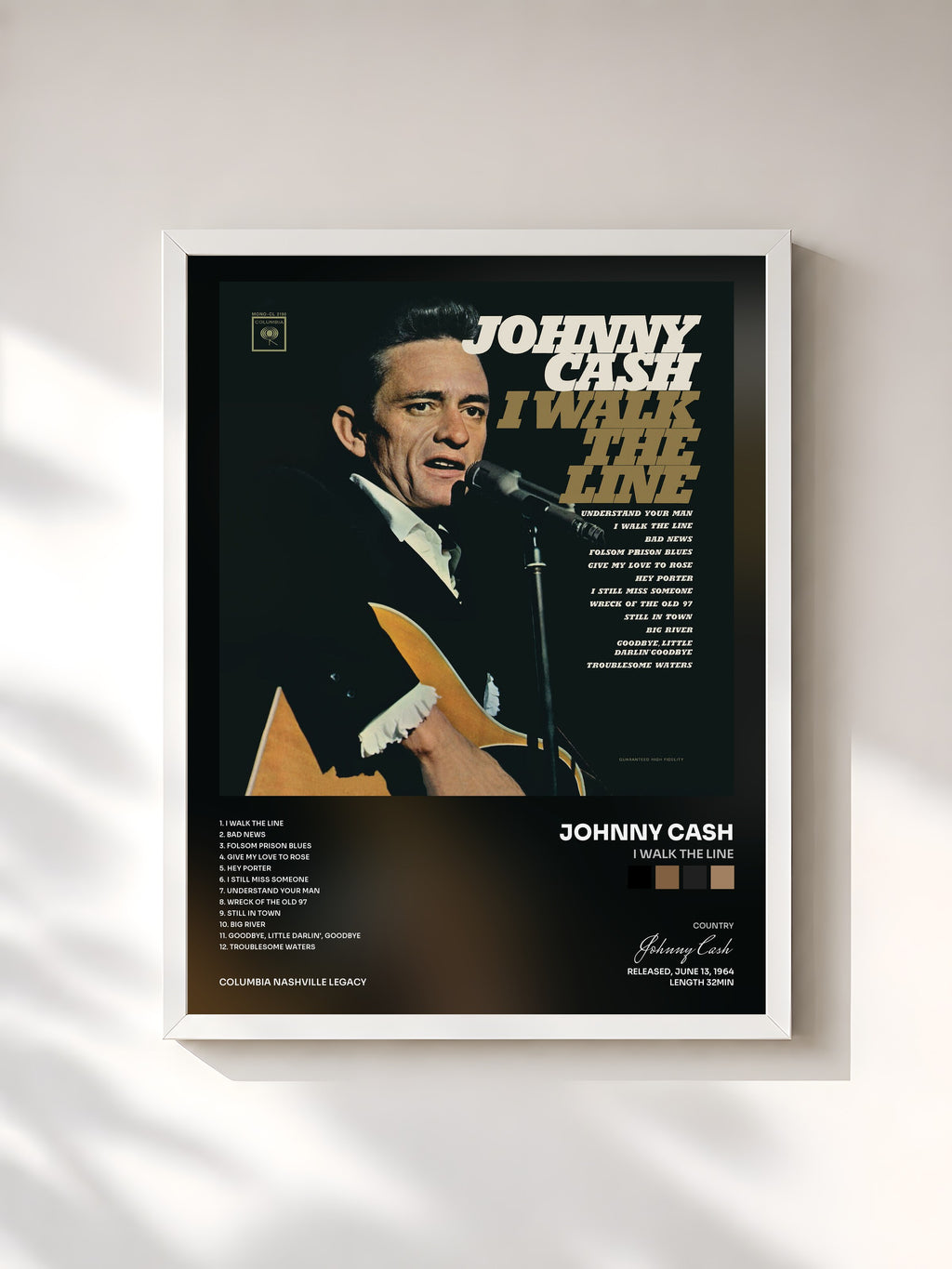 #blanc Tableau de l'album I Walk the Line de Johnny Cash, cadre blanc, imprimé et encadré en France