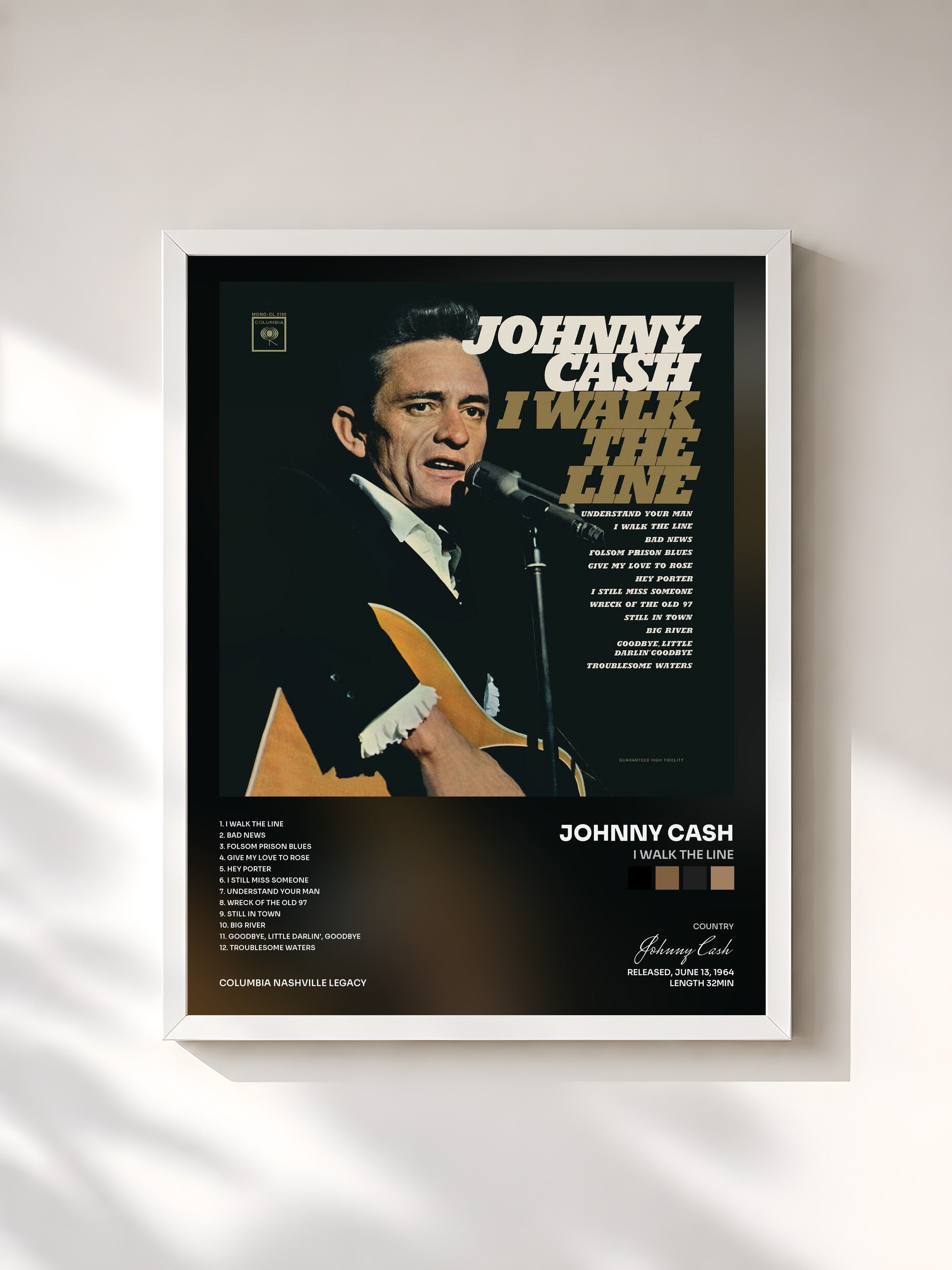 #blanc Tableau de l'album I Walk the Line de Johnny Cash, cadre blanc, imprimé et encadré en France