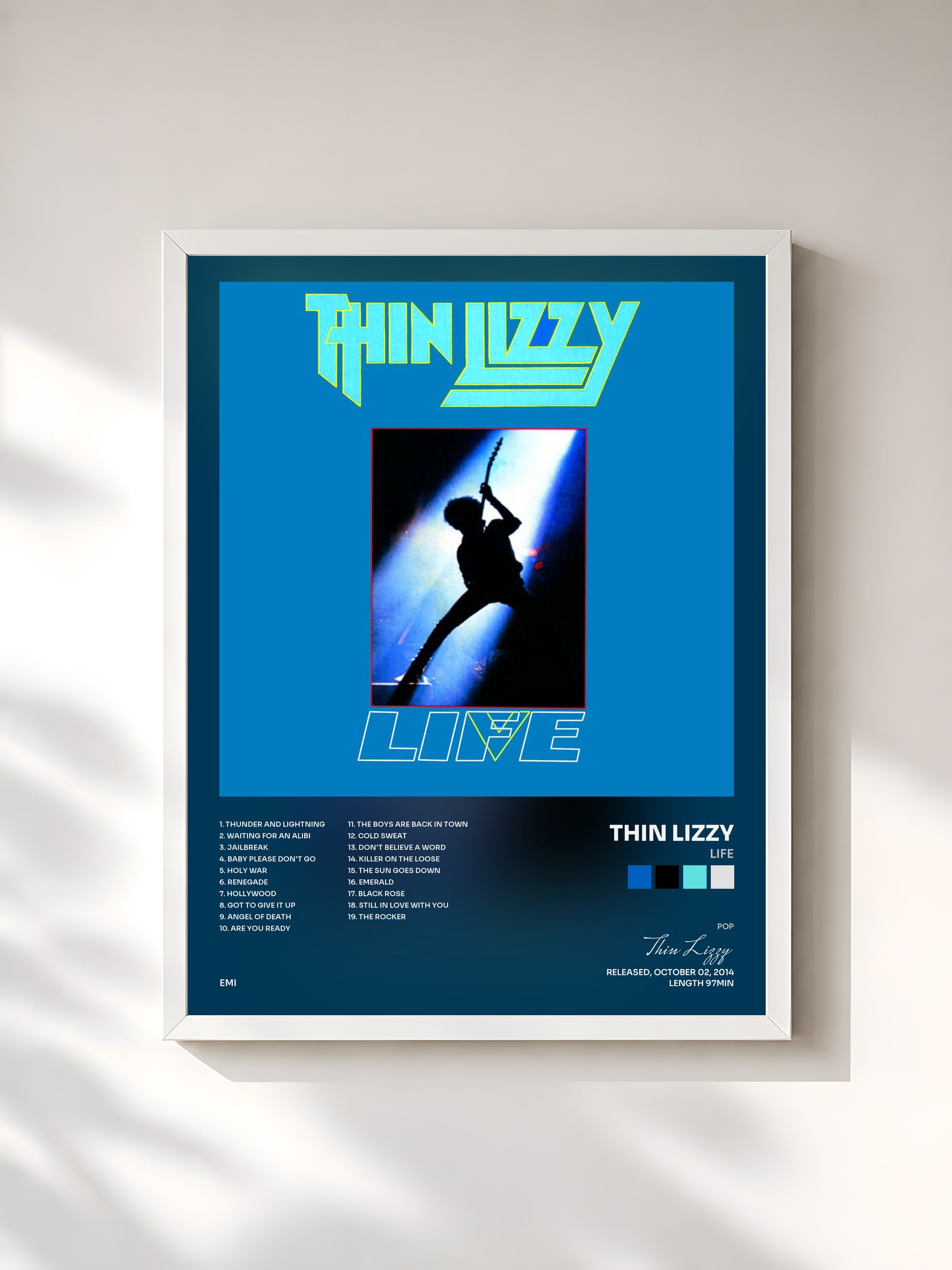#blanc Tableau de l'album Life de Thin Lizzy, cadre blanc, imprimé et encadré en France