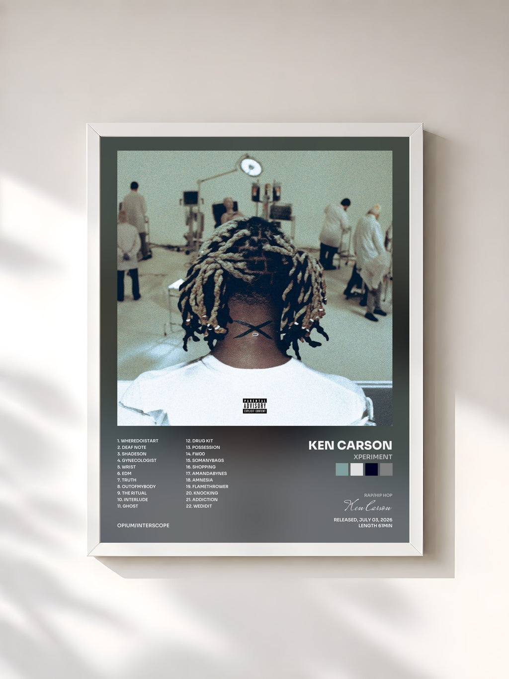 #blanc Tableau de l'album xperiment de Ken Carson, cadre blanc, imprimé et encadré en France