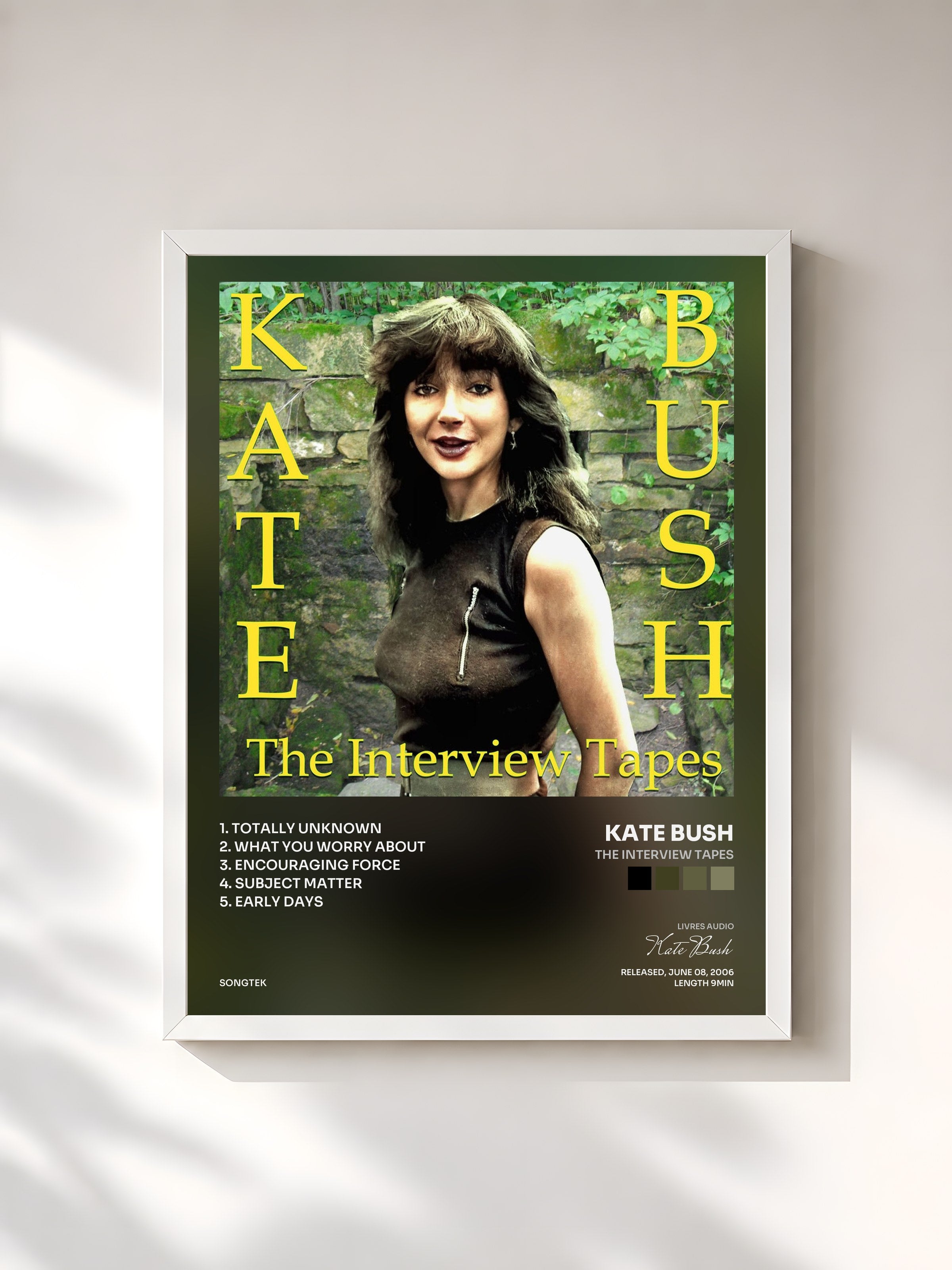 #blanc Tableau de l'album The Interview Tapes de Kate Bush, cadre blanc, imprimé et encadré en France