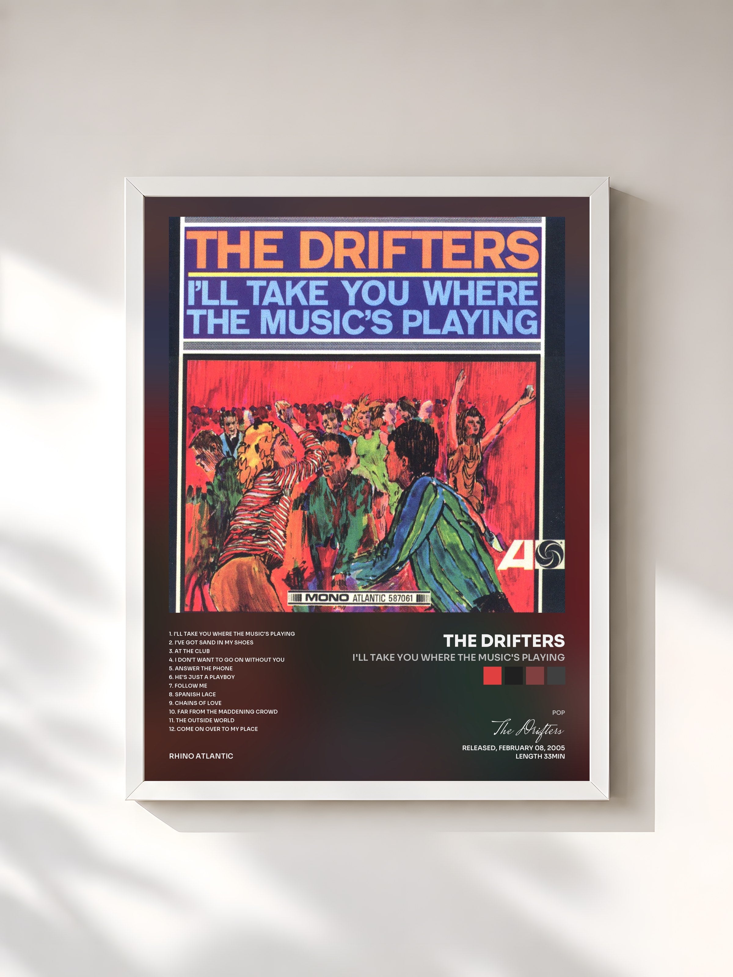 #blanc Tableau de l'album I'll Take You Where the Music's Playing de The Drifters, cadre blanc, imprimé et encadré en France