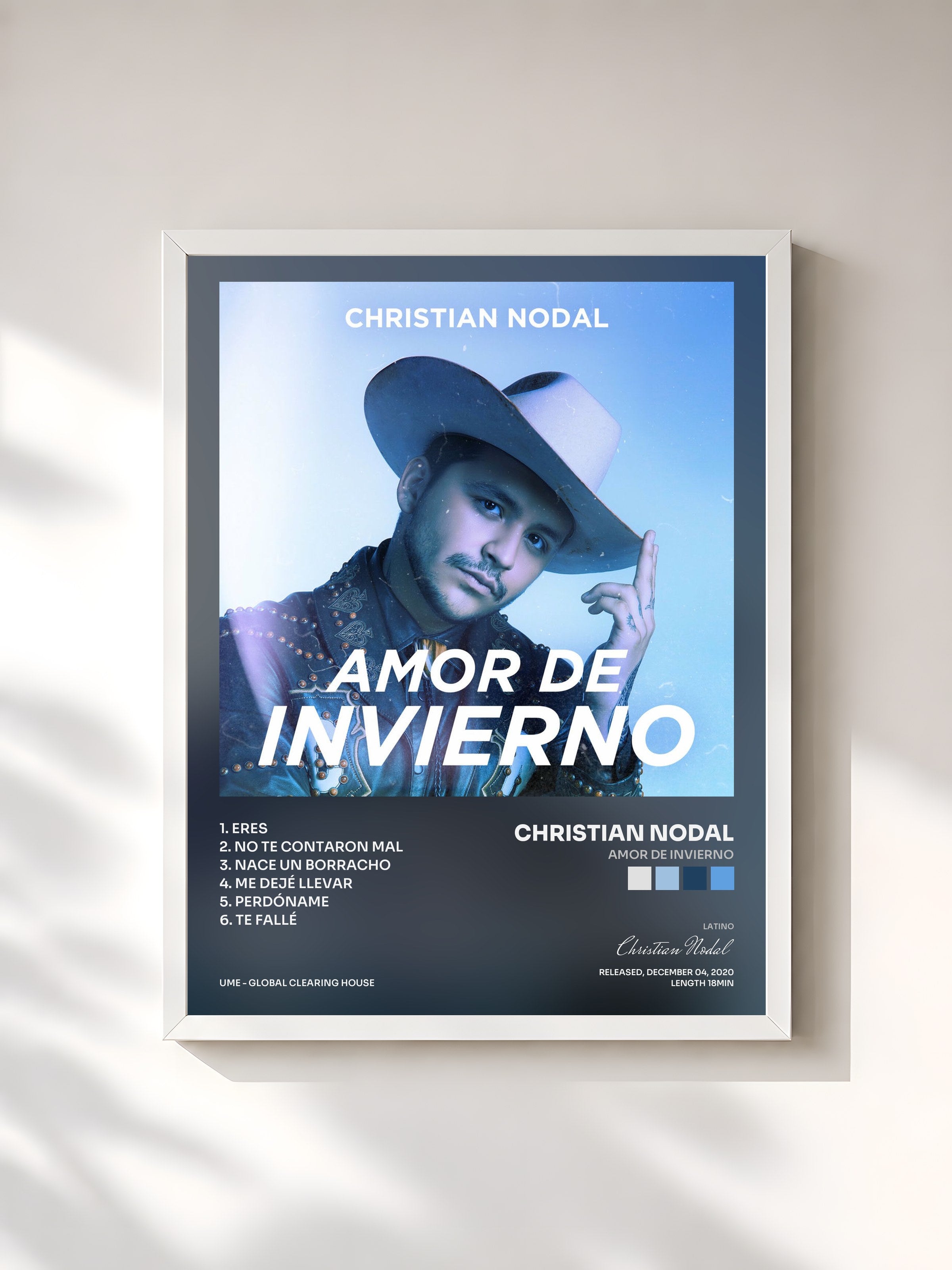 #blanc Tableau de l'album Amor de Invierno de Christian Nodal, cadre blanc, imprimé et encadré en France