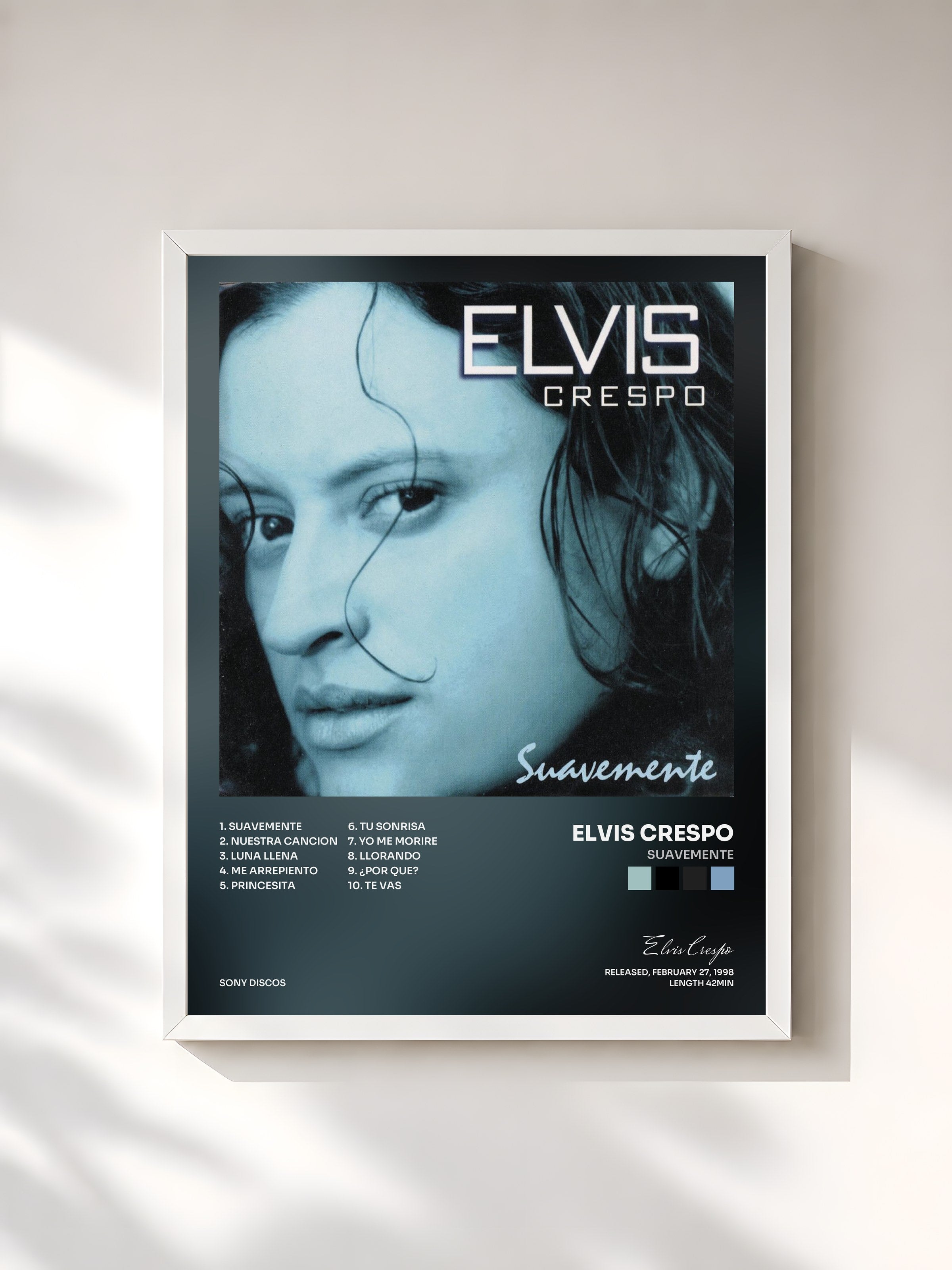 #blanc Tableau de l'album Suavemente de Elvis Crespo, cadre blanc, imprimé et encadré en France