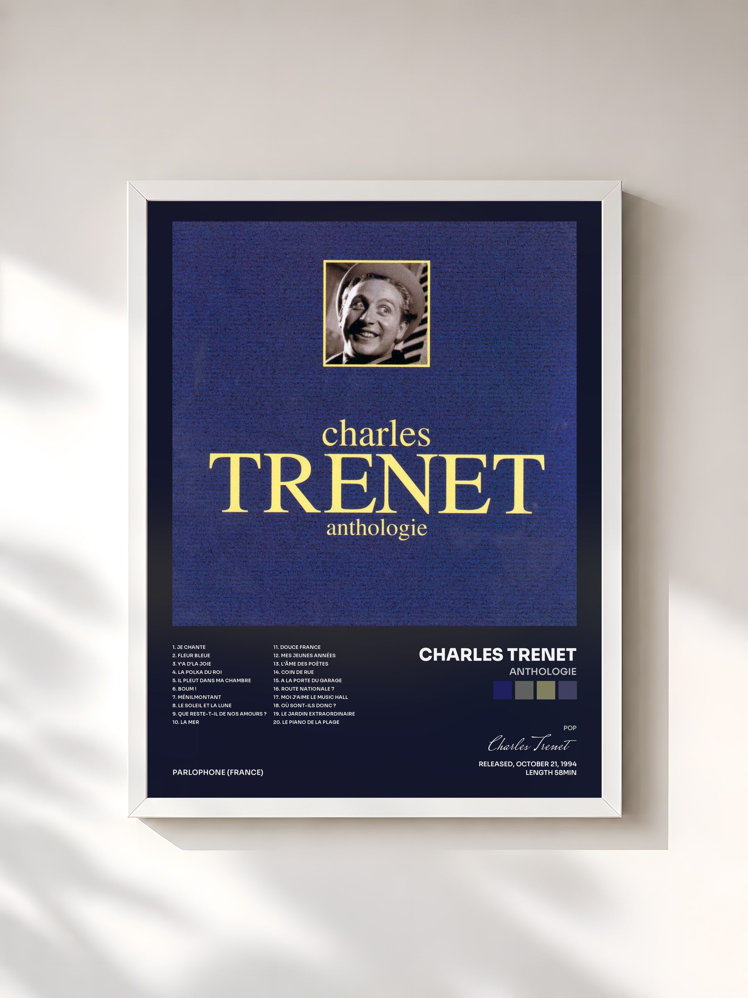 #blanc Tableau de l'album Anthologie de Charles Trenet, cadre blanc, imprimé et encadré en France