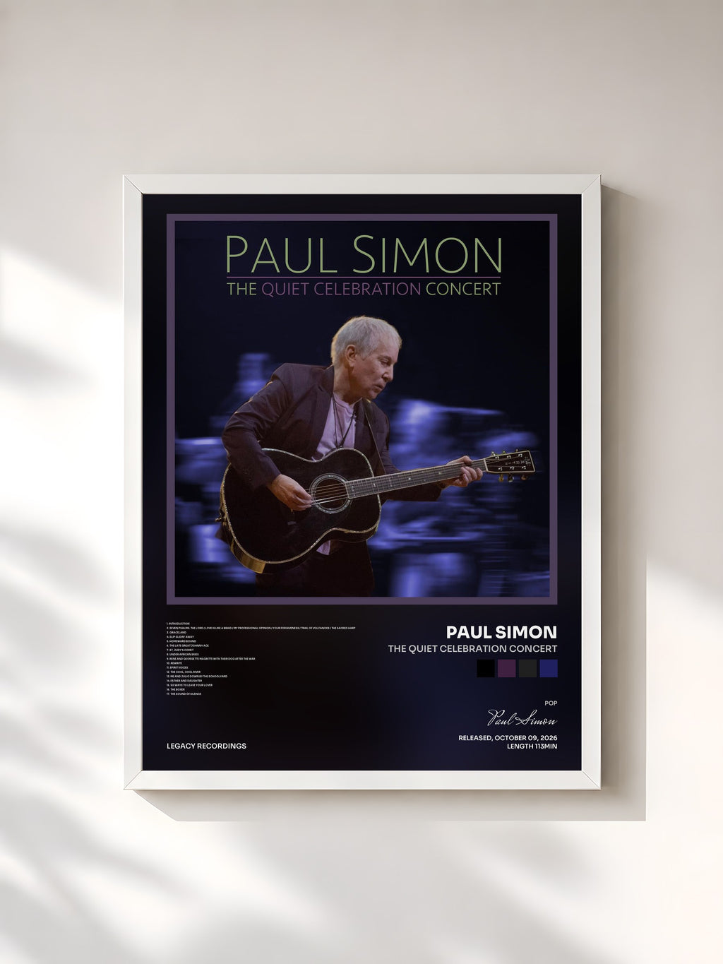 #blanc Tableau de l'album The Quiet Celebration Concert de Paul Simon, cadre blanc, imprimé et encadré en France