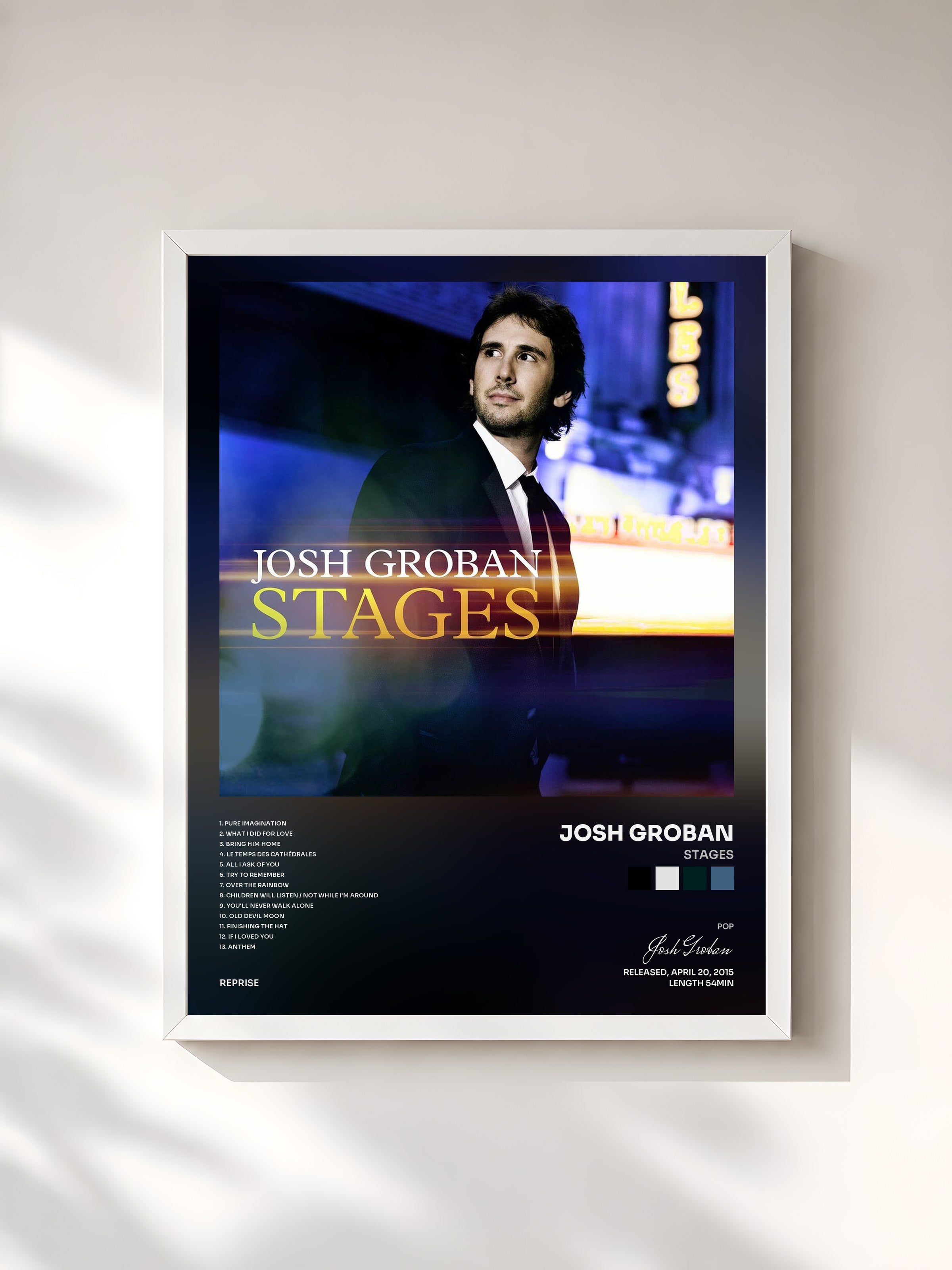 #blanc Tableau de l'album Stages de Josh Groban, cadre blanc, imprimé et encadré en France