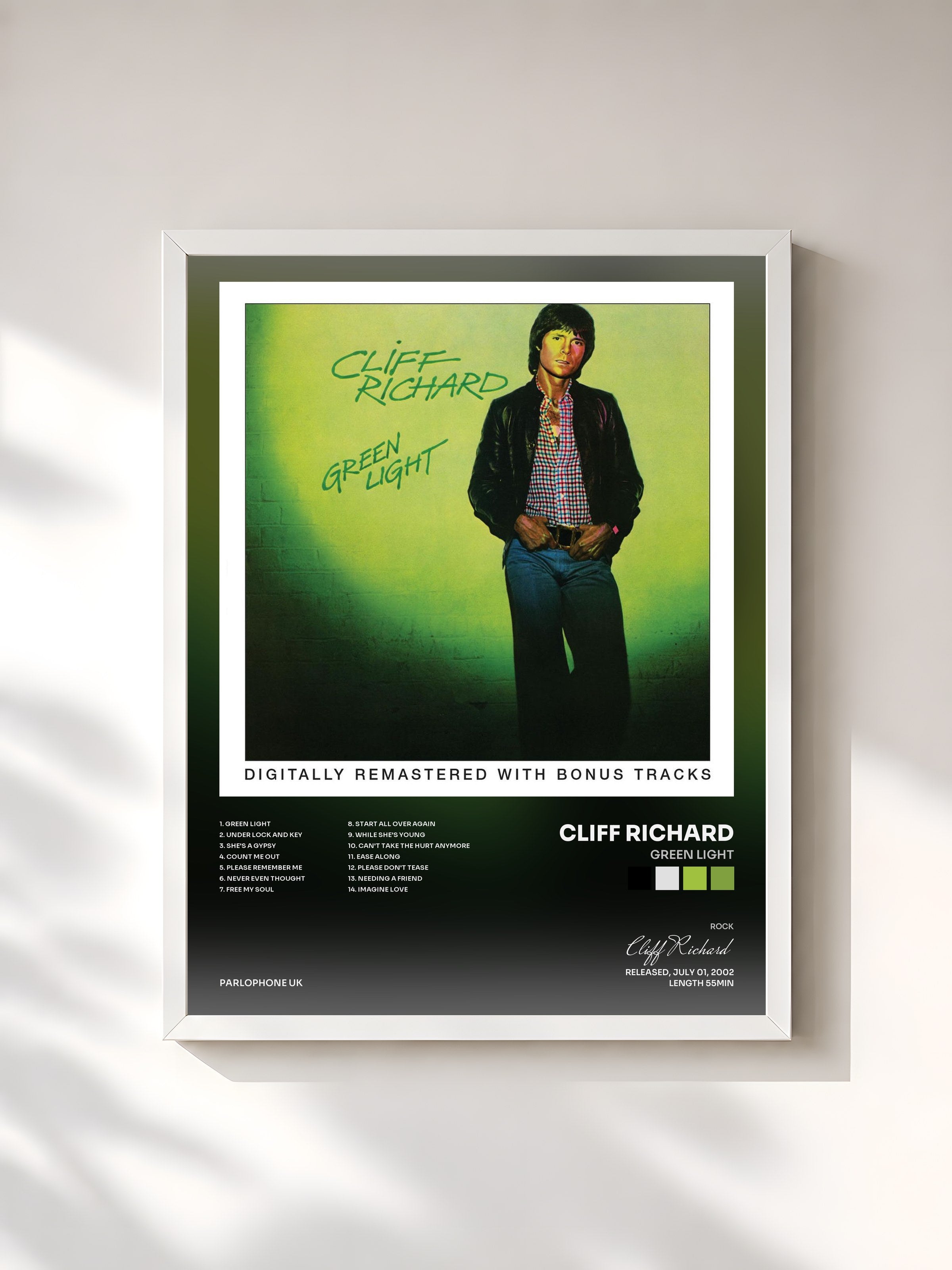#blanc Tableau de l'album Green Light de Cliff Richard, cadre blanc, imprimé et encadré en France