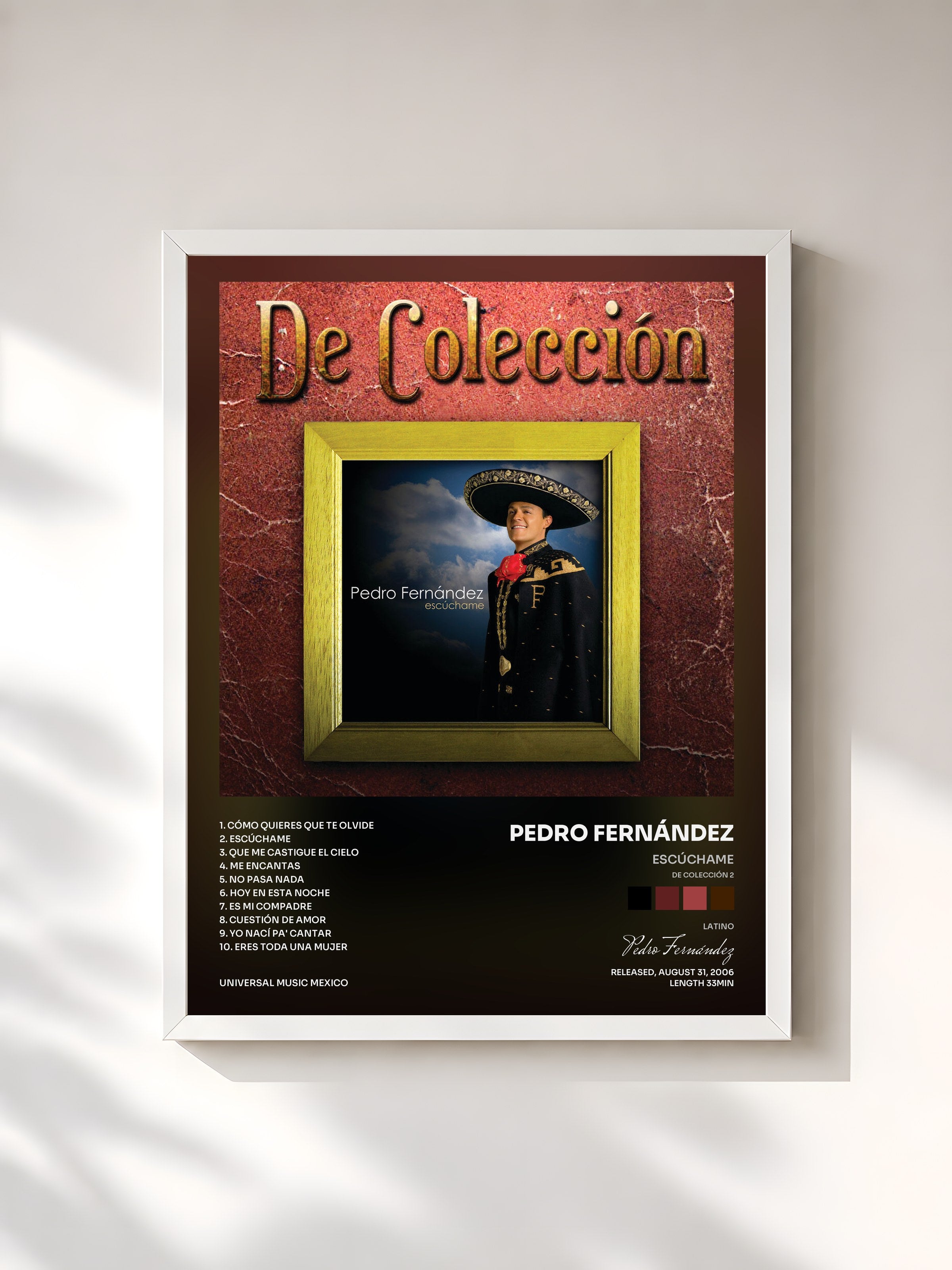 #blanc Tableau de l'album Escúchame (De Colección 2) de Pedro Fernández, cadre blanc, imprimé et encadré en France