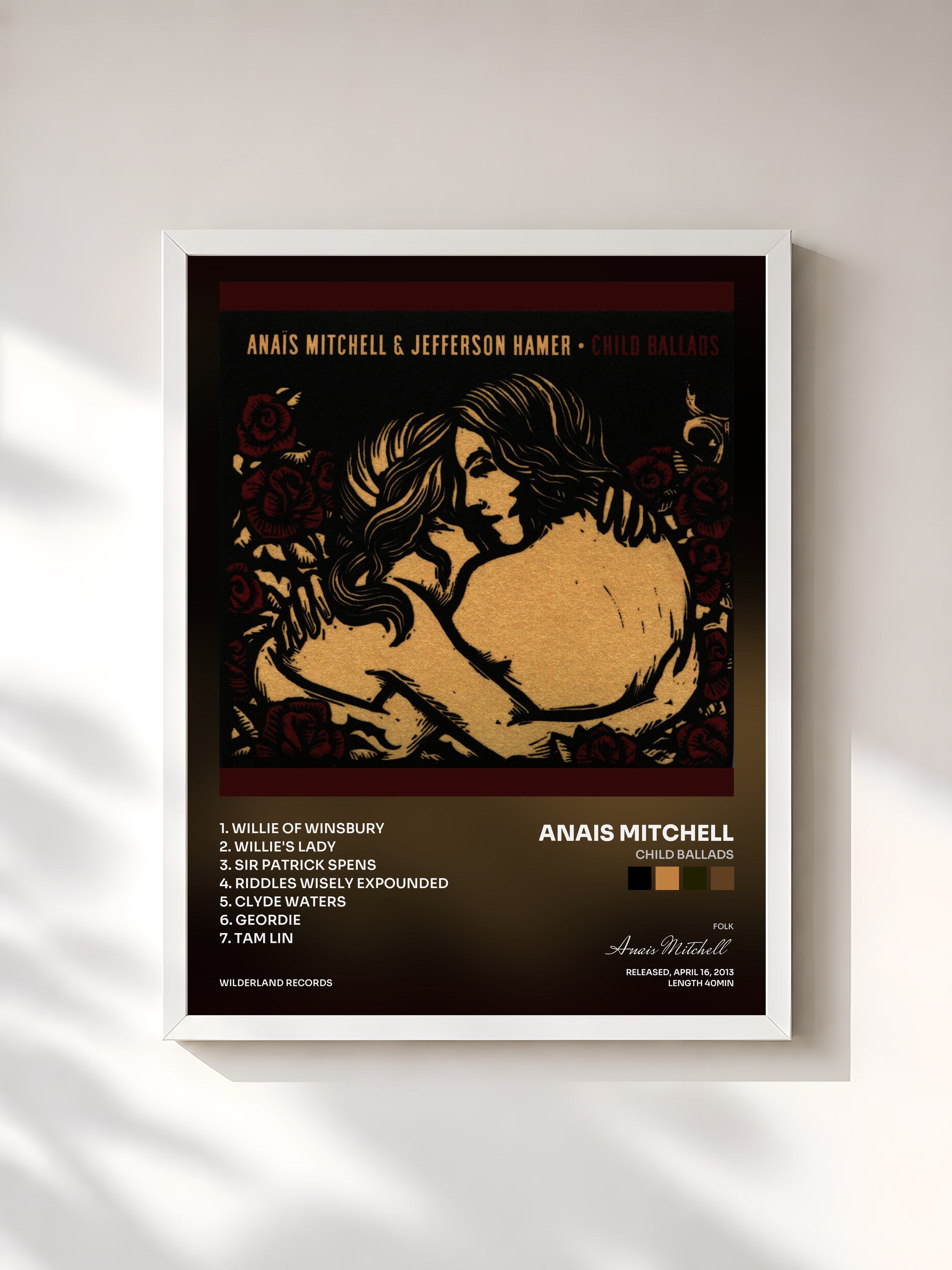 #blanc Tableau de l'album Child Ballads de Anais Mitchell, cadre blanc, imprimé et encadré en France