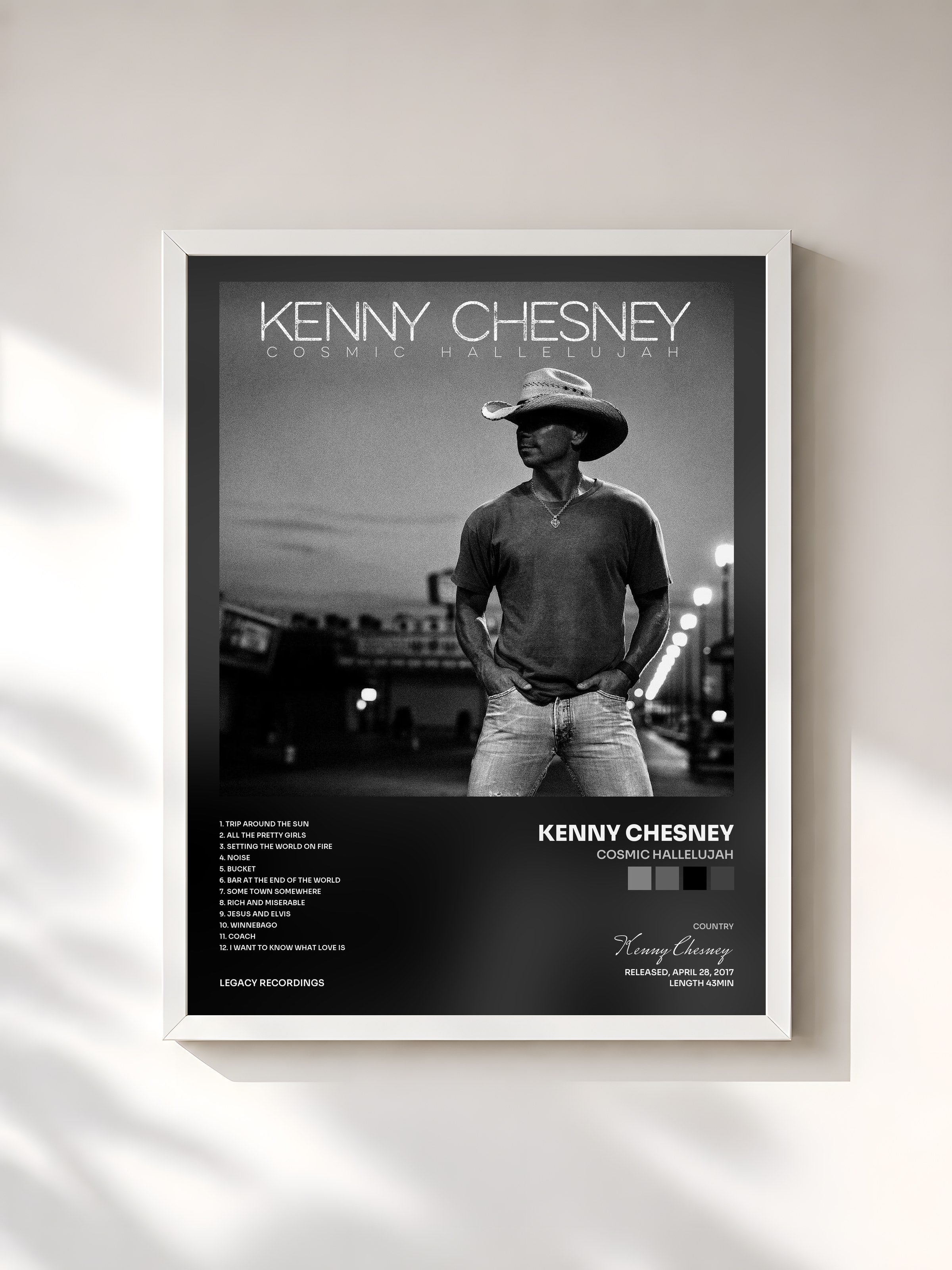 #blanc Tableau de l'album Cosmic Hallelujah de Kenny Chesney, cadre blanc, imprimé et encadré en France