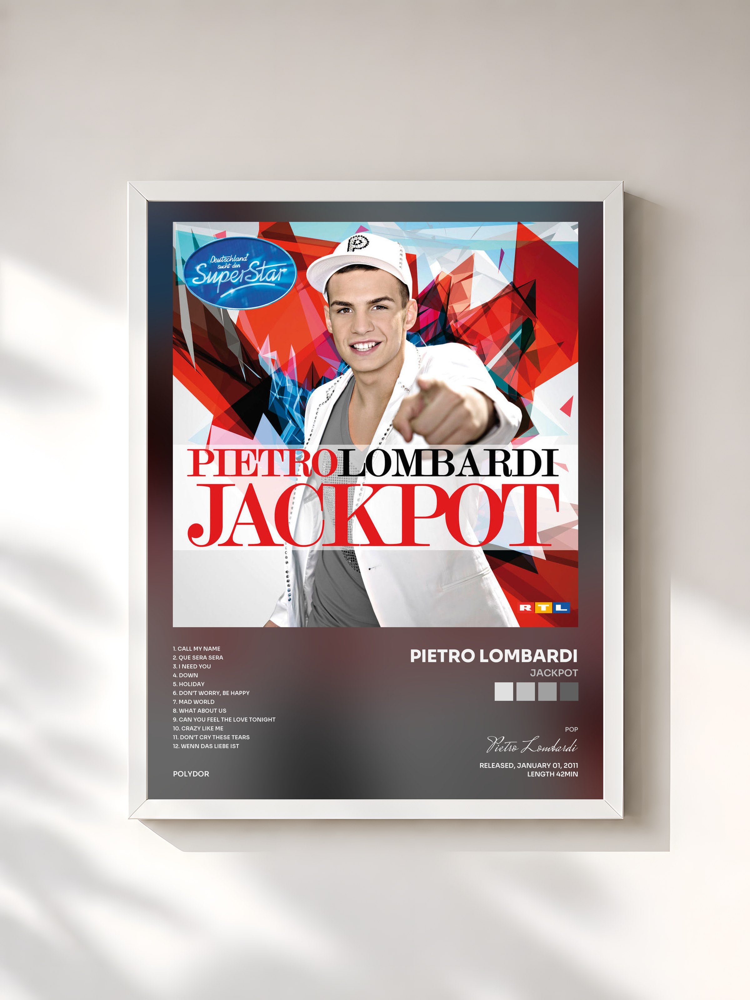 #blanc Tableau de l'album Jackpot de Pietro Lombardi, cadre blanc, imprimé et encadré en France