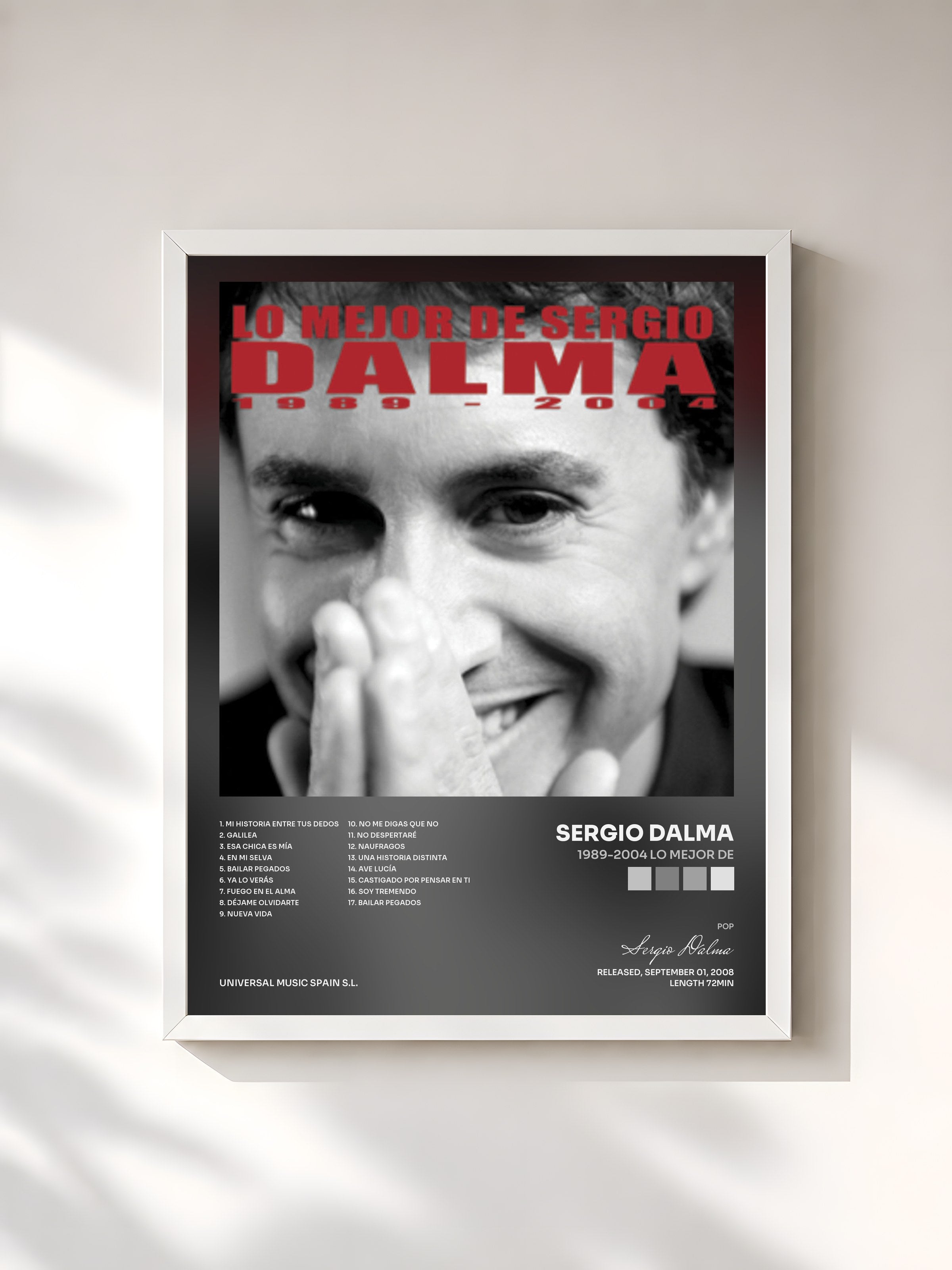 #blanc Tableau de l'album 1989-2004 Lo Mejor De de Sergio Dalma, cadre blanc, imprimé et encadré en France