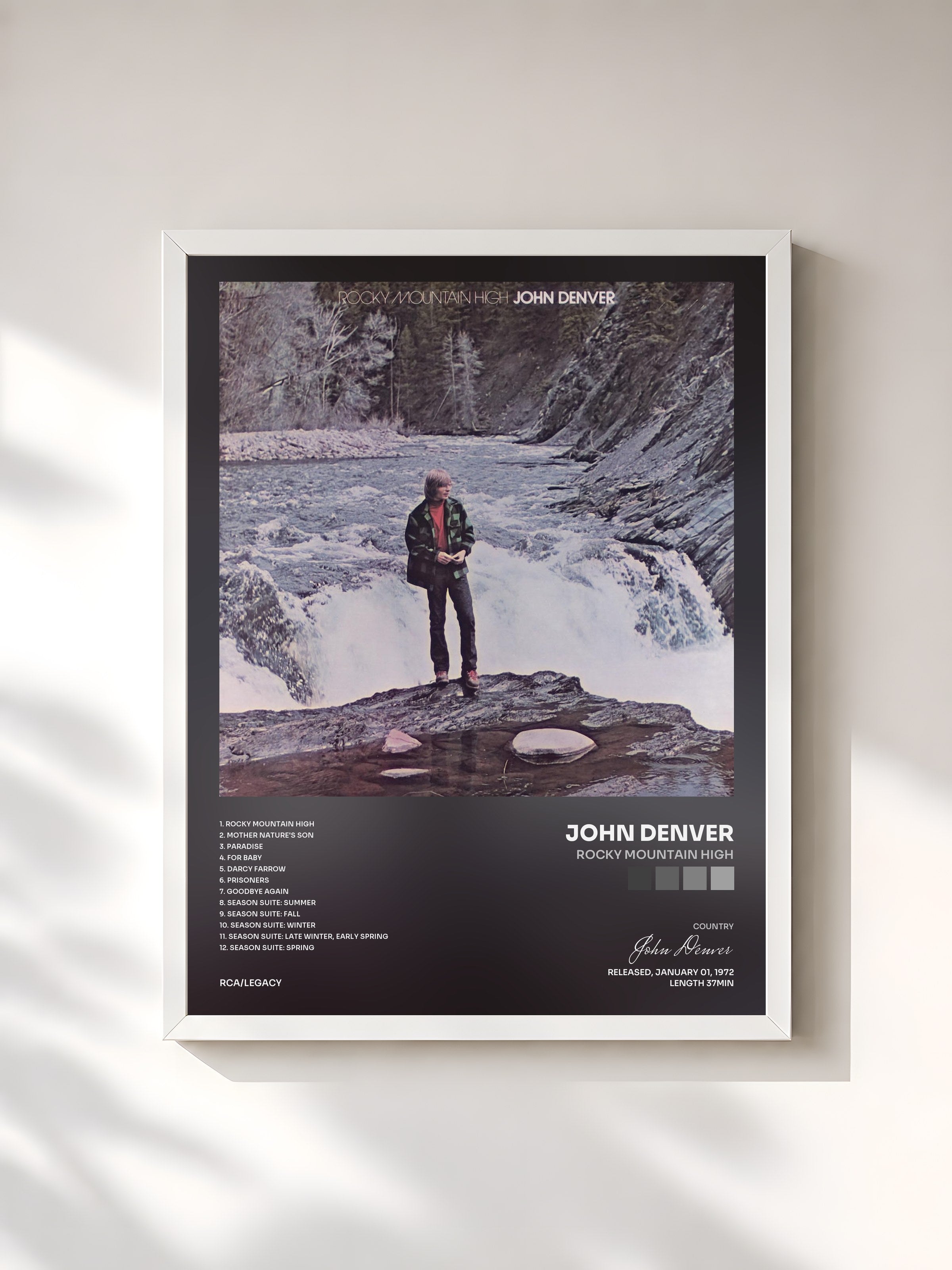 #blanc Tableau de l'album Rocky Mountain High de John Denver, cadre blanc, imprimé et encadré en France